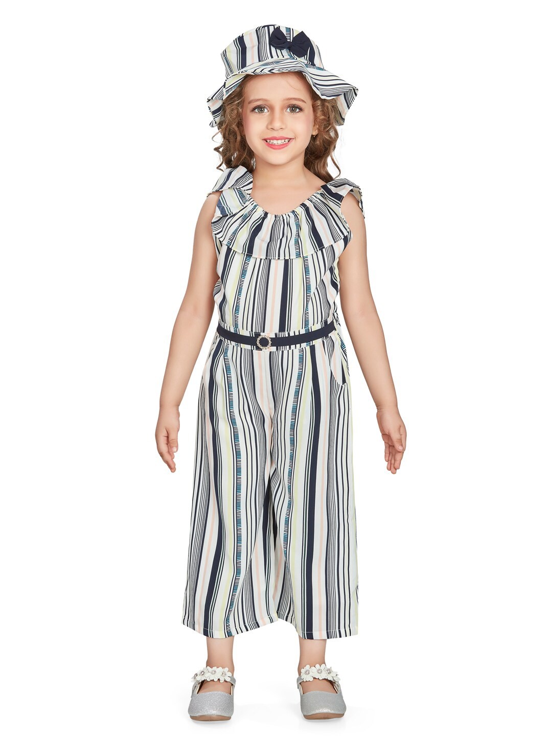 

Peppermint Girls Striped Waist Tie-Ups Cotton Basic Jumpsuit, Navy blue