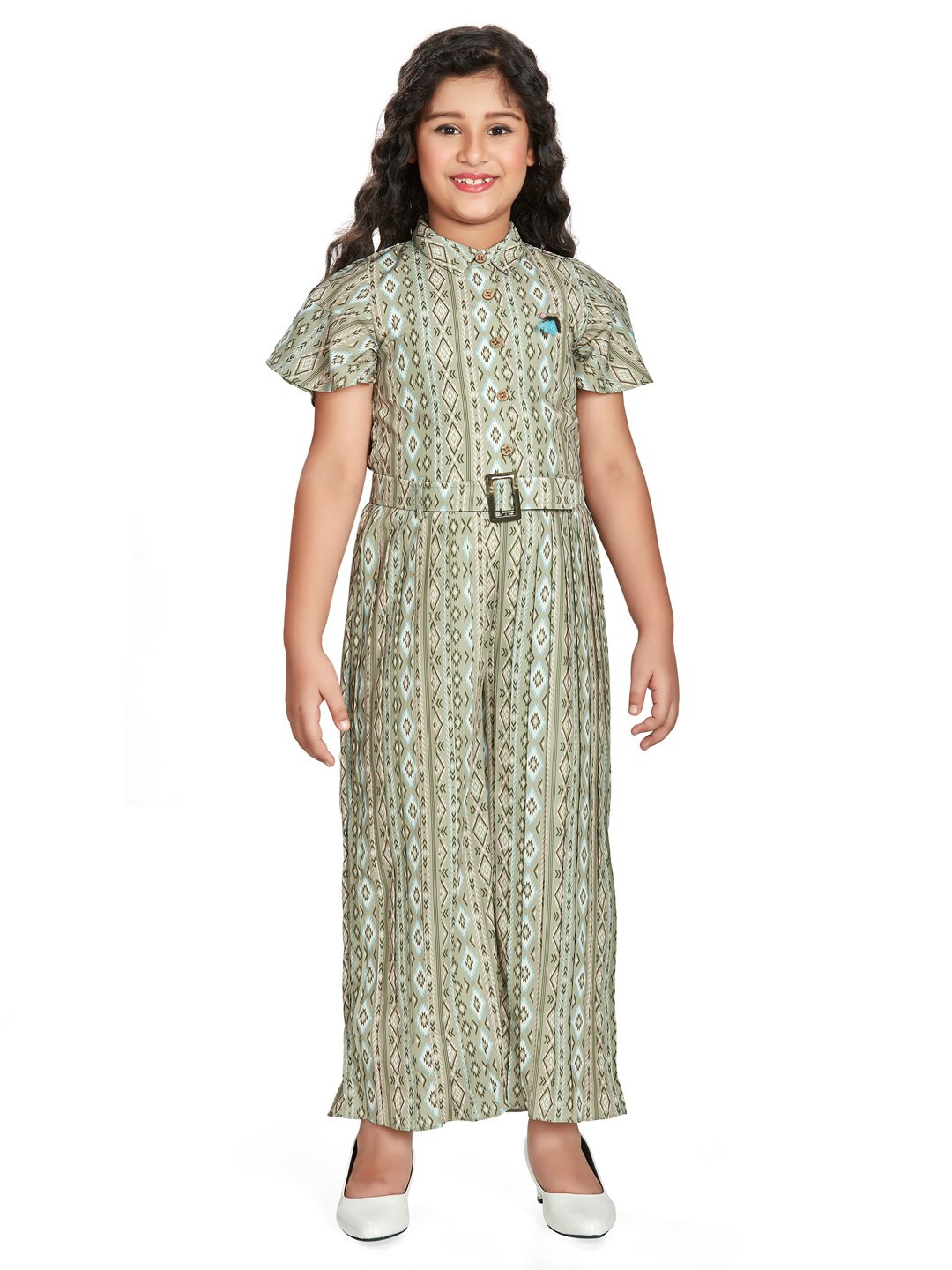 

Peppermint Girls Printed Waist Tie-Ups Basic Jumpsuit, Green