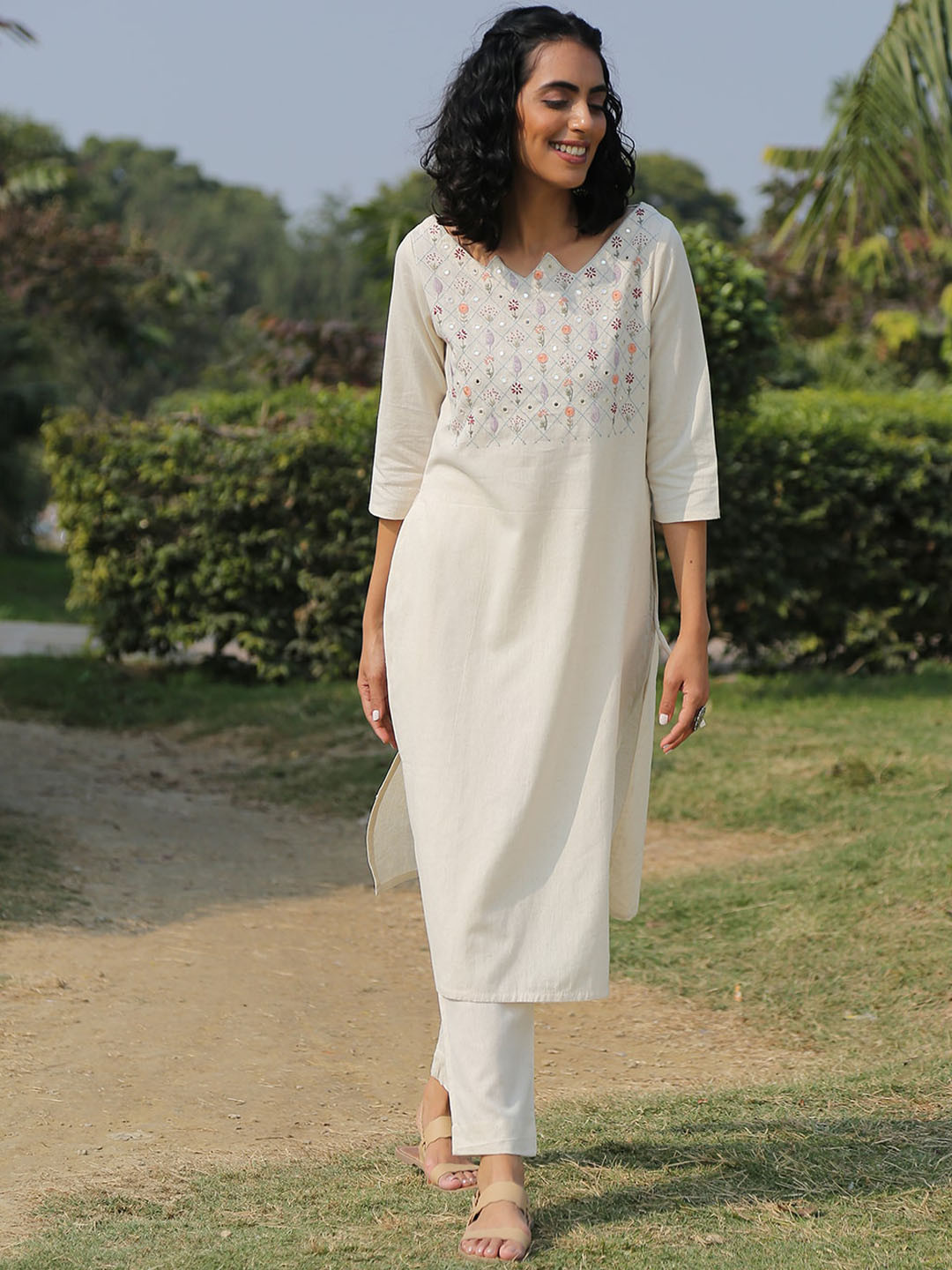 

OKHAI Floral Yoke Design Pure Cotton Mirror Work Kurta With Trousers, Off white