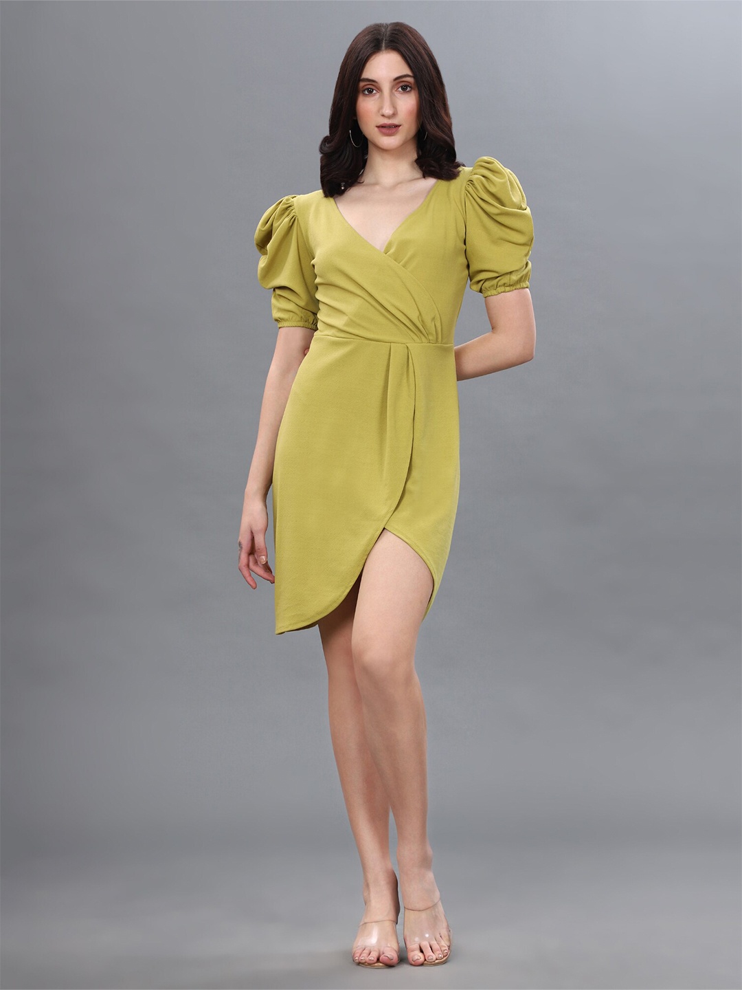 

WESTHOOD V-Neck Puff Sleeves Gathered Sheath Dress, Lime green