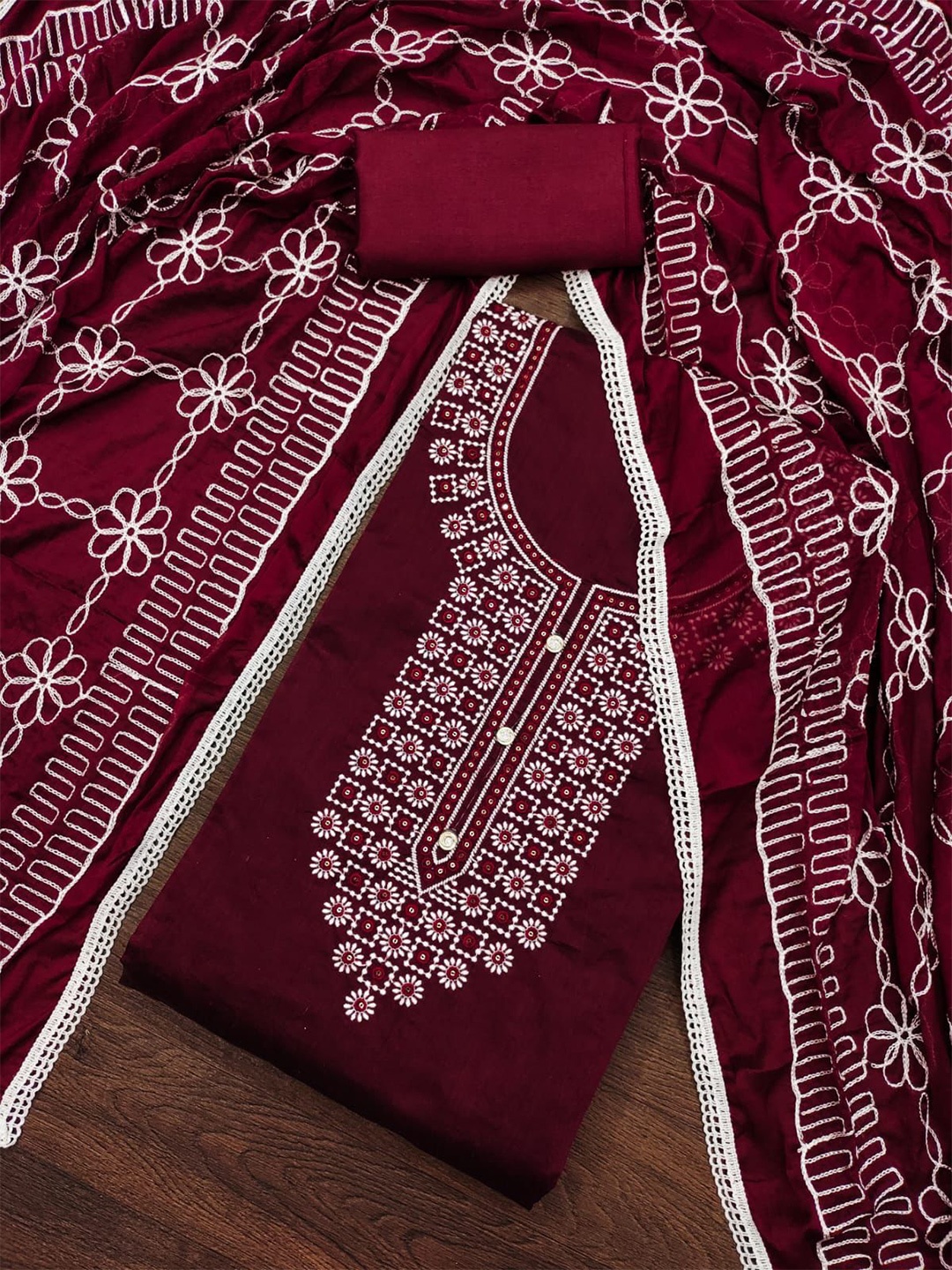 

ZEEPKART Ethnic Motifs Embroidered Unstitched Dress Material, Maroon