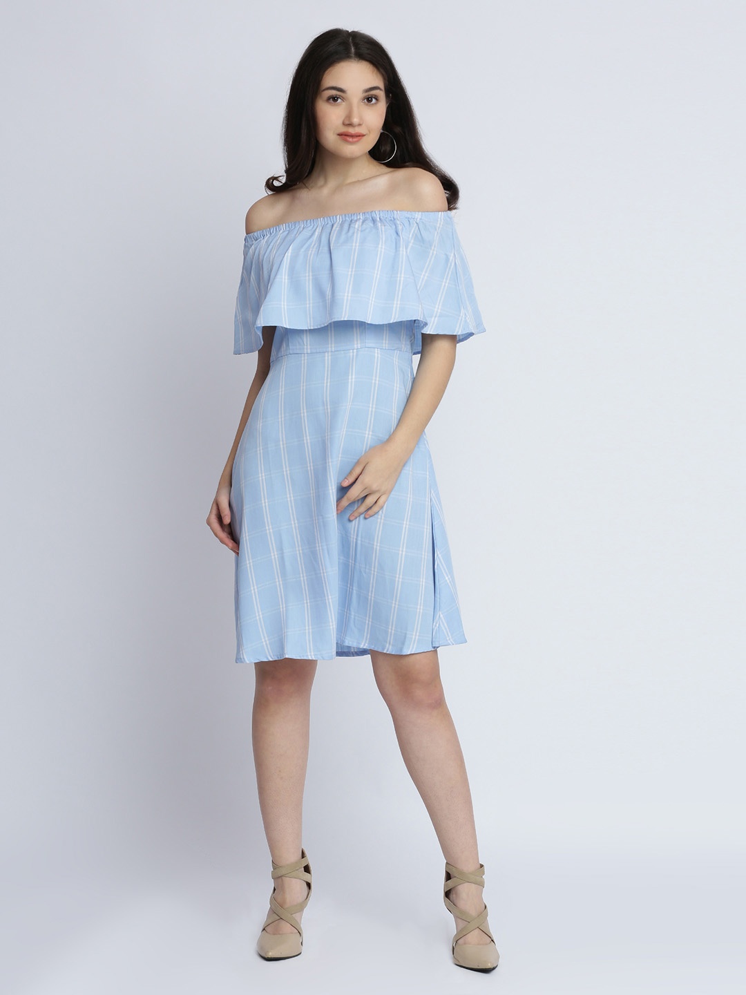 

Miss Chase Women Blue Checked Fit and Flare Dress
