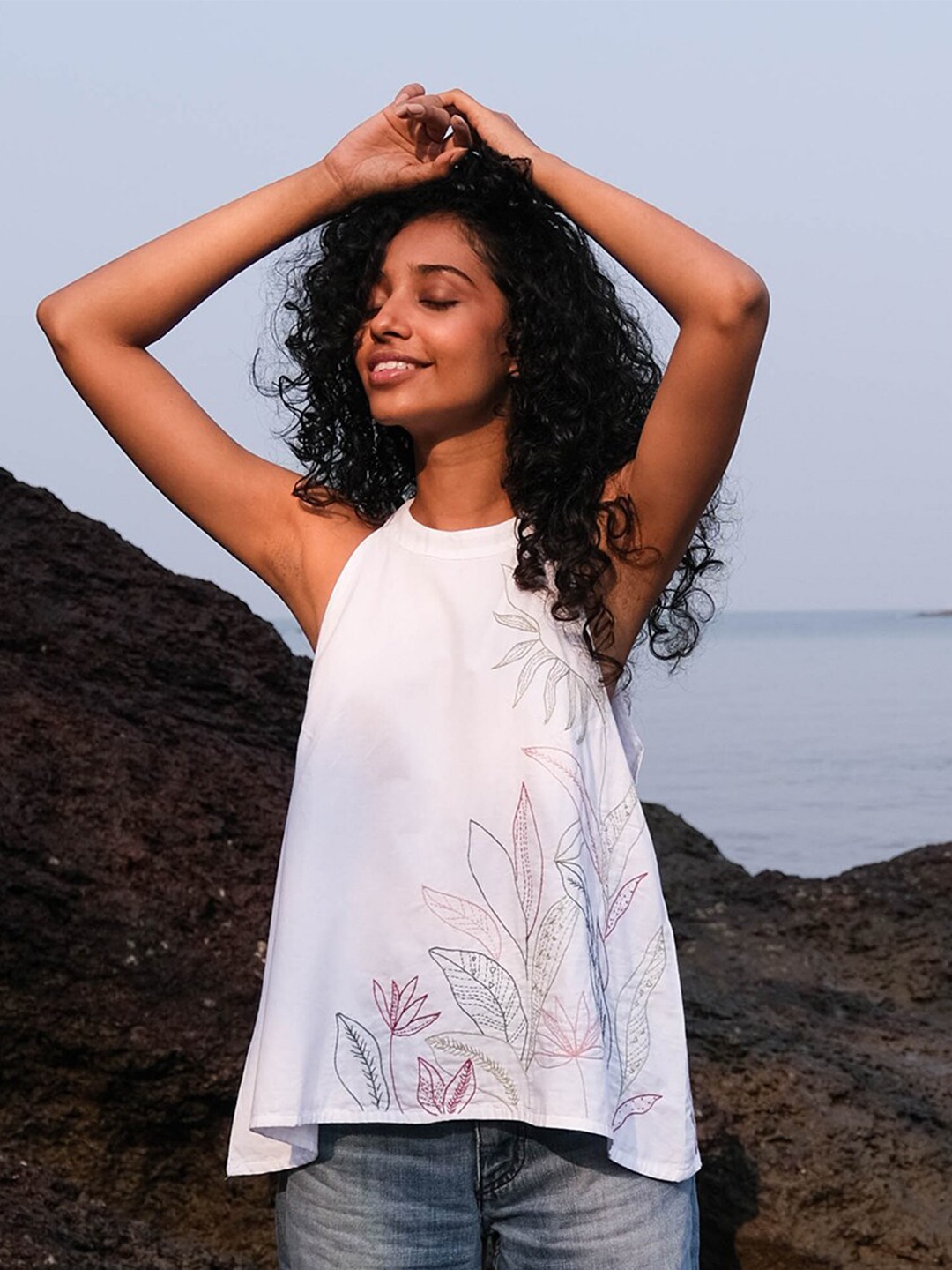 

OKHAI Floral Embroidered High Neck Cotton Regular Top, White