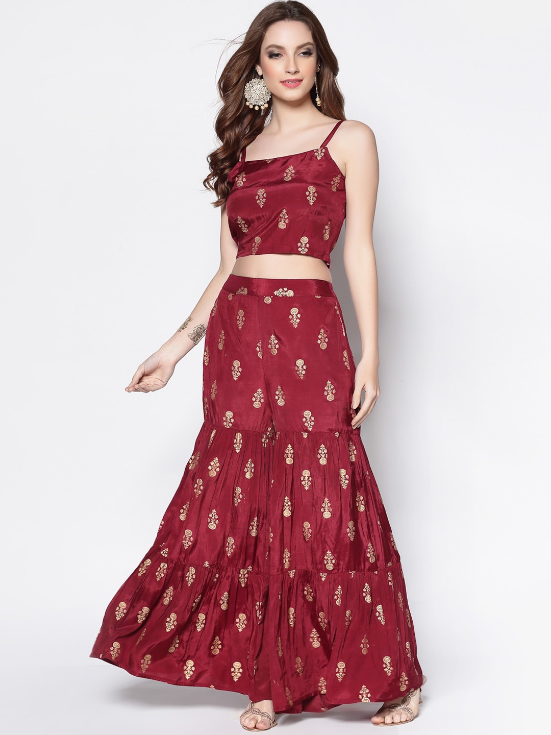 

Sera Maroon Ethnic Motifs Printed Shoulder Straps Top & Palazzos