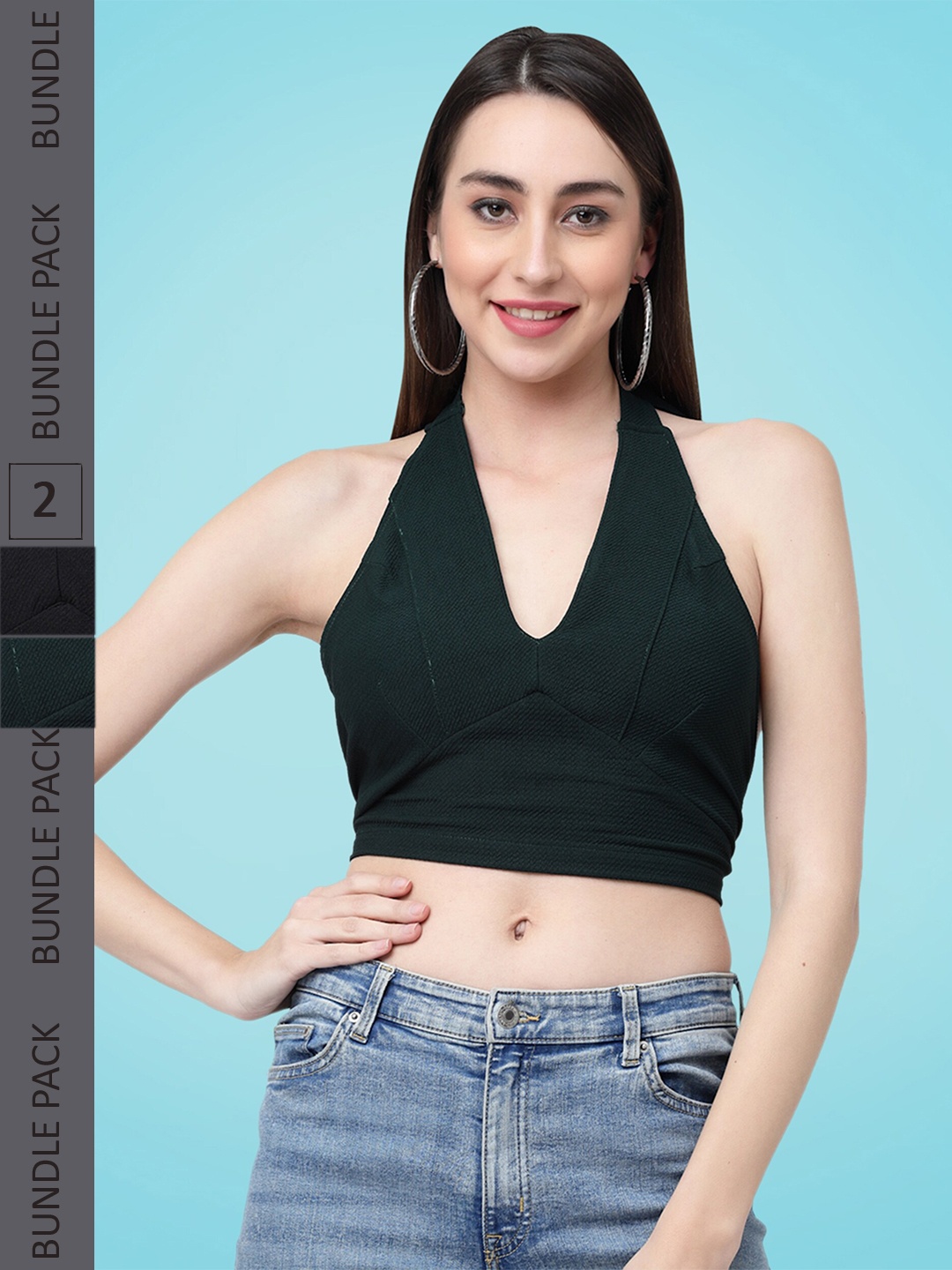 

MISS AYSE Pack Of 2 Halter Neck Tie-Ups Styled Back Crop Top, Multi