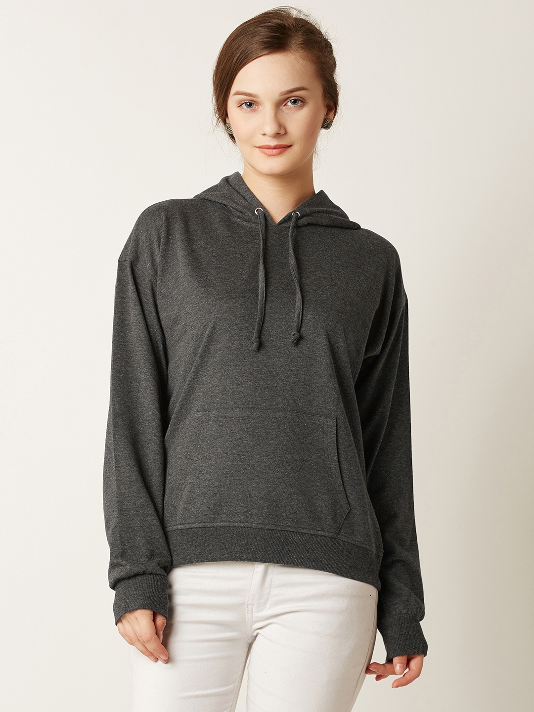 

Miss Chase Women Grey Solid Hooded Sweatshirt