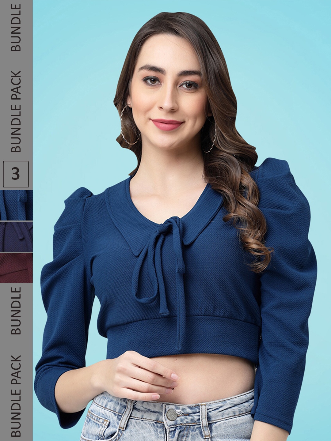 

MISS AYSE Pack Of 3 Tie-Up Neck Puff Sleeve Crop Top, Blue