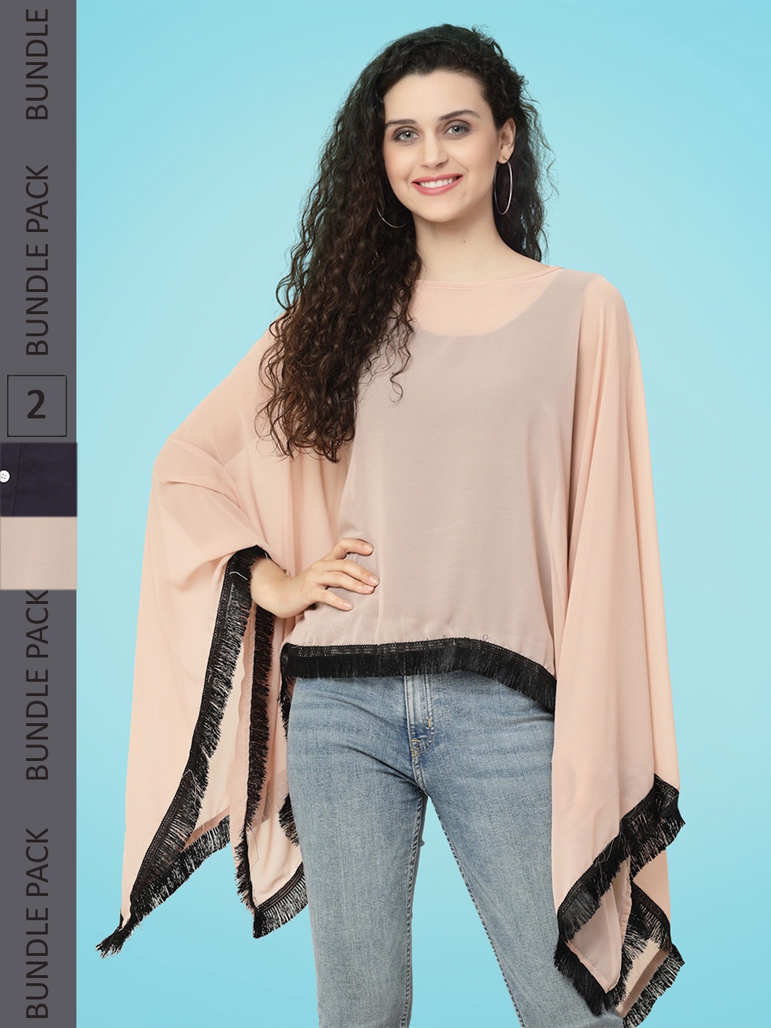 

MISS AYSE Pack Of 2 Kimono Sleeve Georgette Kaftan Top, Peach
