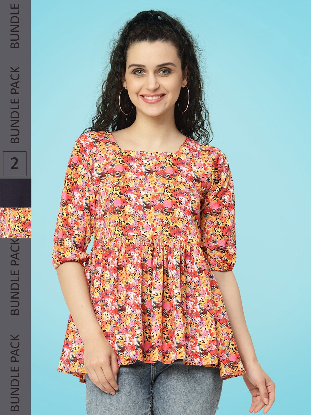 

MISS AYSE Pack Of 2 Floral Printed Square Neck Gathered Top, White