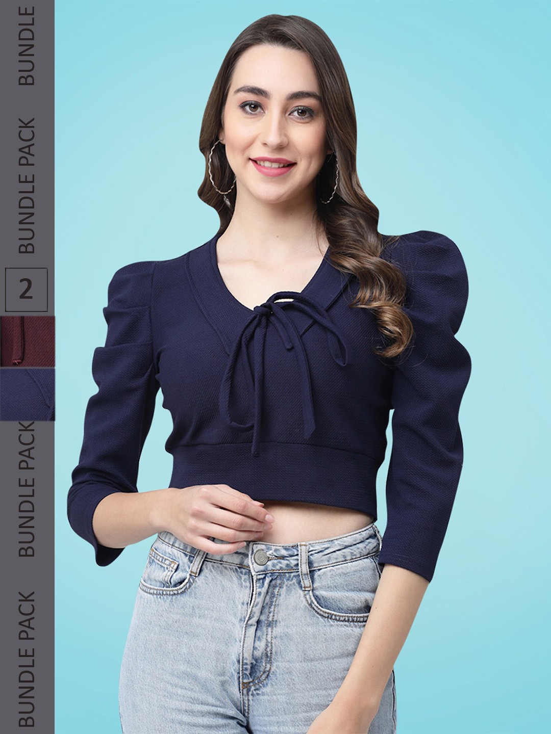 

MISS AYSE Pack Of 2 Tie-Up Neck Puff Sleeves Crop Top, Navy blue
