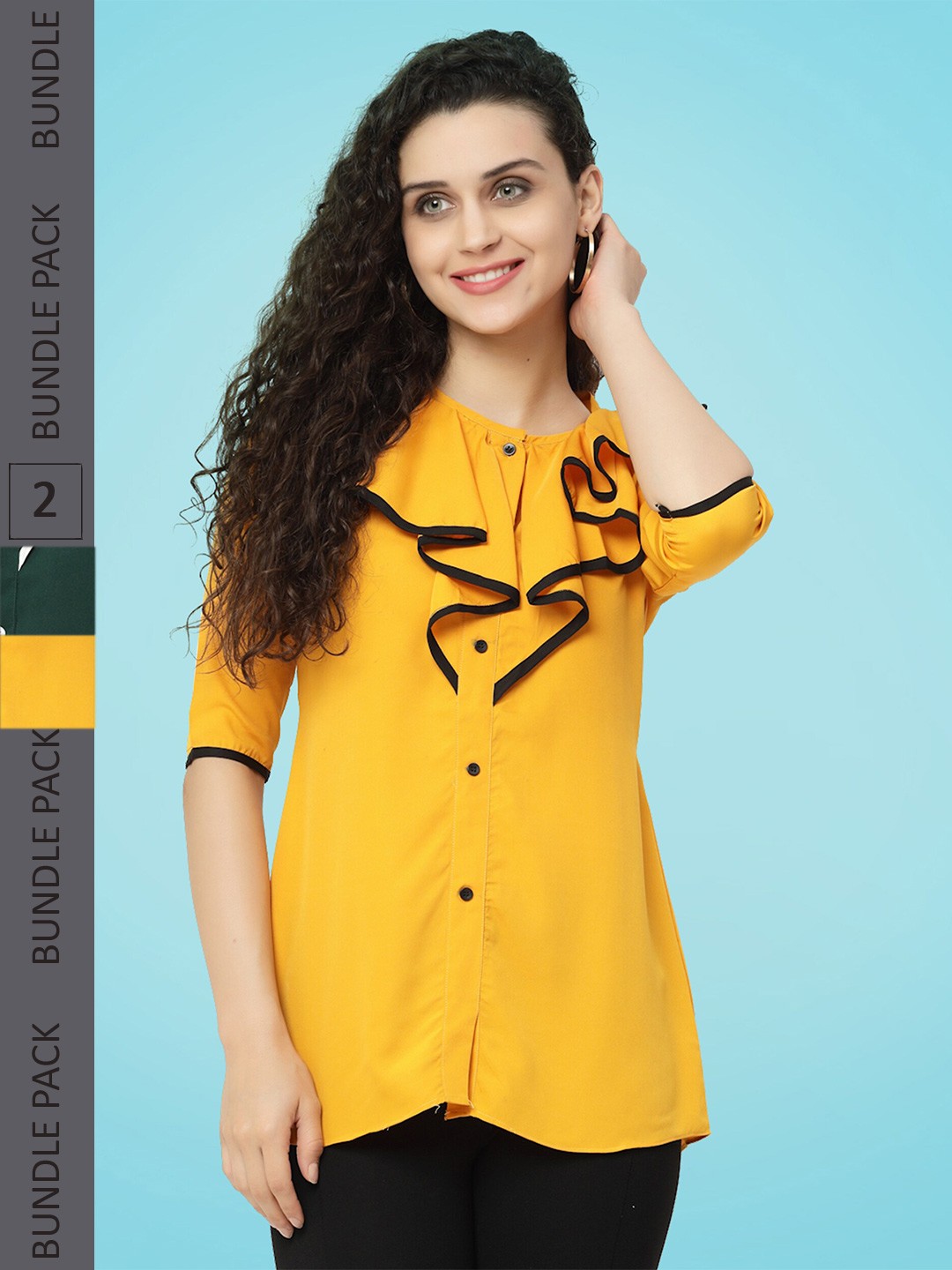 

MISS AYSE Pack Of 2 Crepe Ruffled Shirt Style Top, Yellow