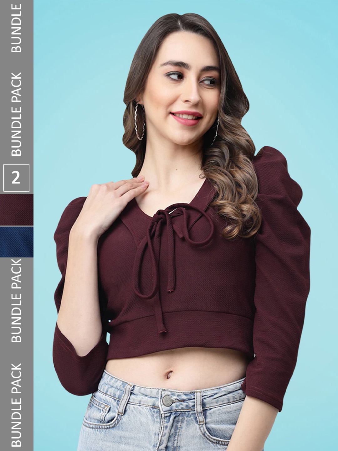 

MISS AYSE Pack Of 2 Tie-Up Neck Puff Sleeves Crop Tops, Maroon