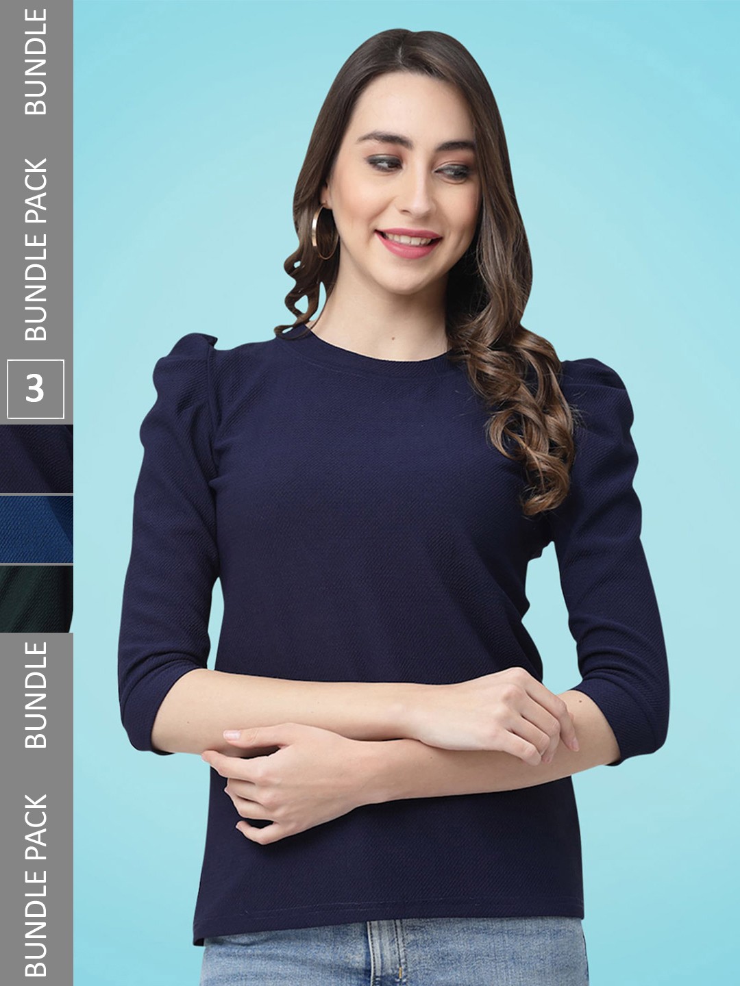 

MISS AYSE Pack Of 3 Round Neck Puff Sleeves Top, Navy blue