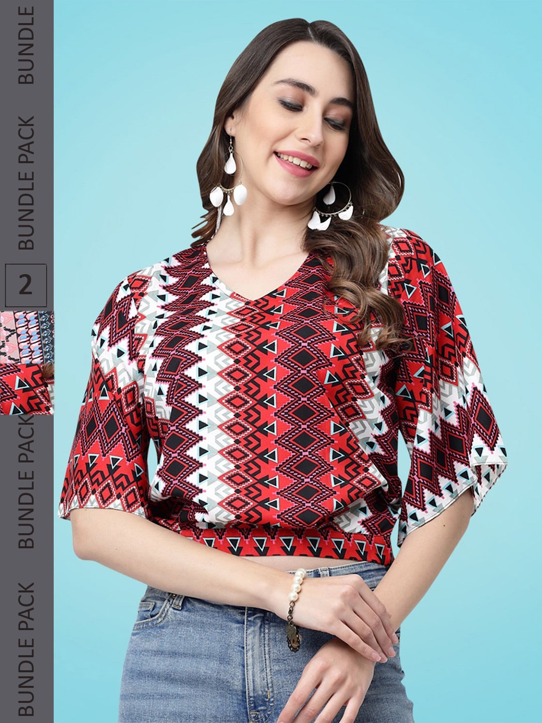 

MISS AYSE Pack Of 2 Geometric Printed Blouson Tops, Red