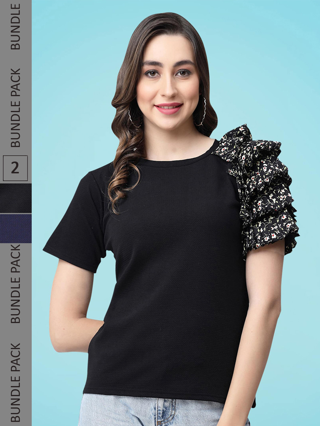 

MISS AYSE Pack Of 2 Ruffled Detail Tops, Black