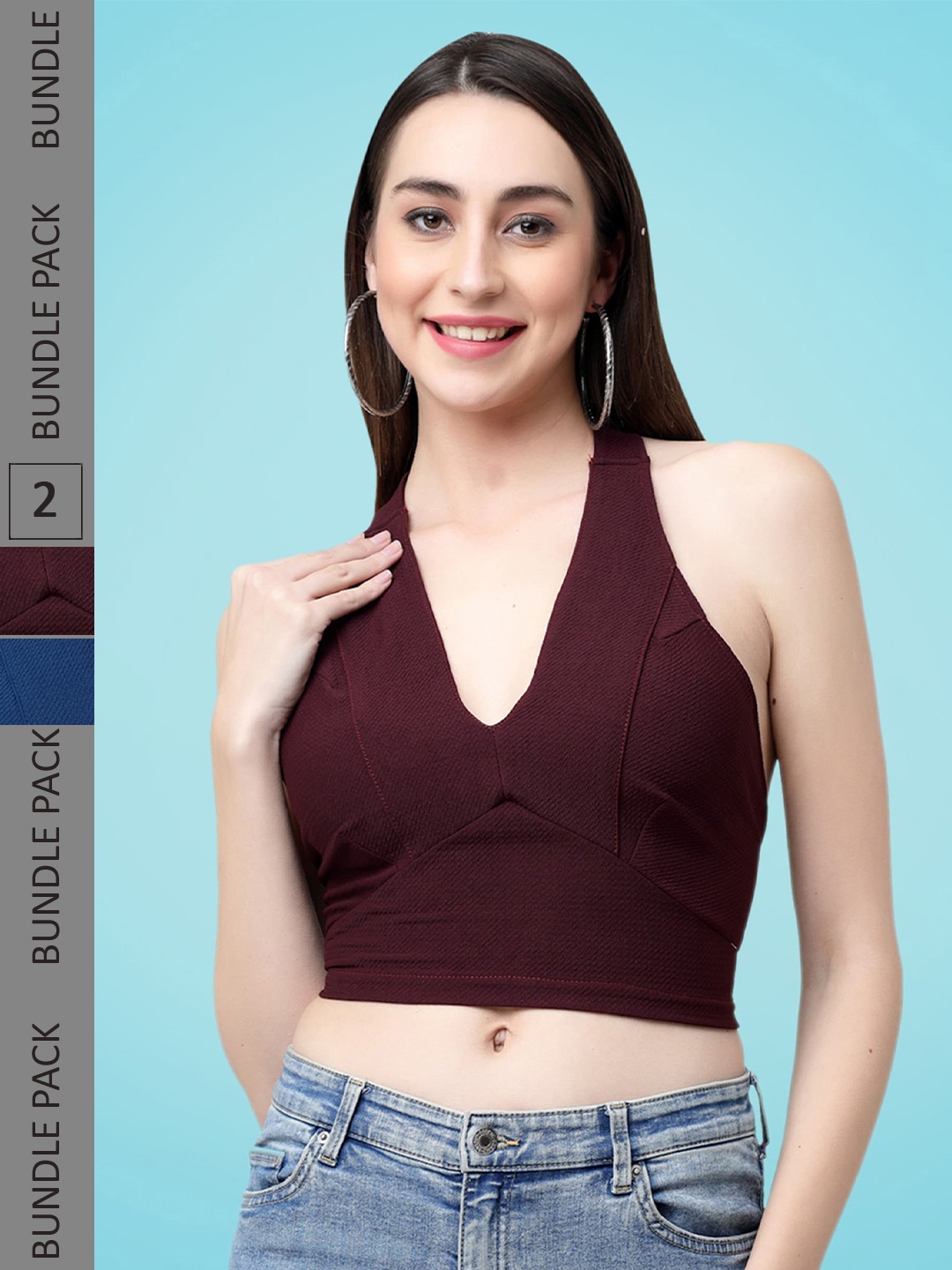 

MISS AYSE Pack Of 2 Halter Neck Styled Back Crop Top, Multi