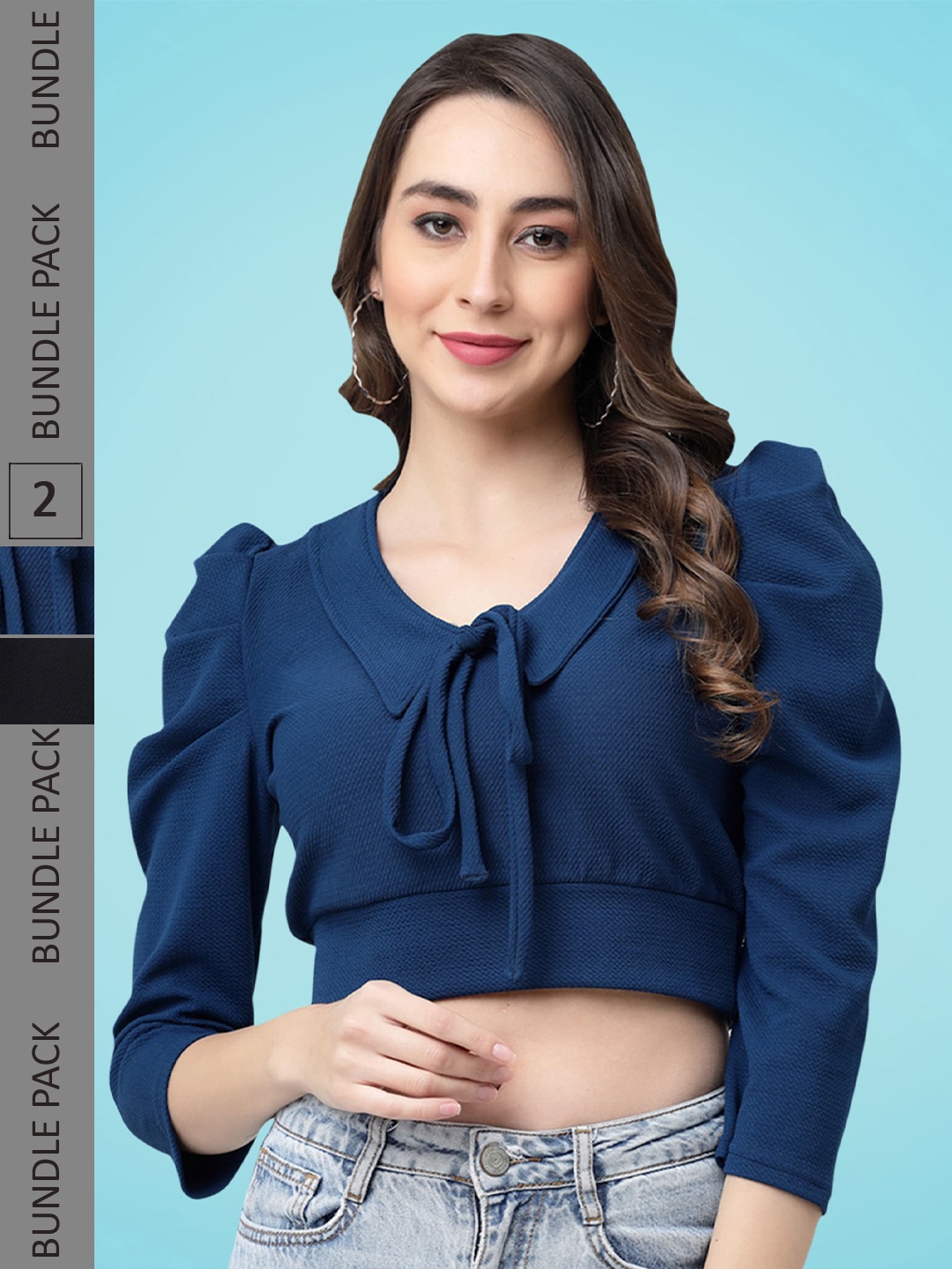 

MISS AYSE Pack Of 2 Tie-Up Neck Puff Sleeves Regular Crop Top, Teal