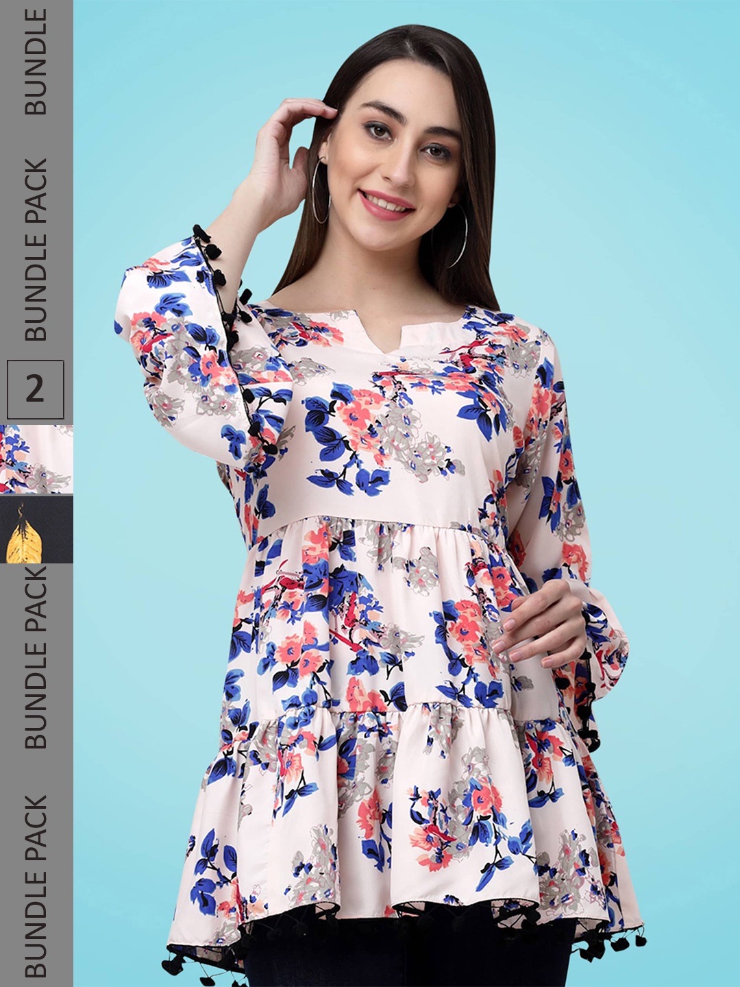 

MISS AYSE Pack Of 2 Floral Printed Bell Sleeves Tiered Peplum Top, Pink