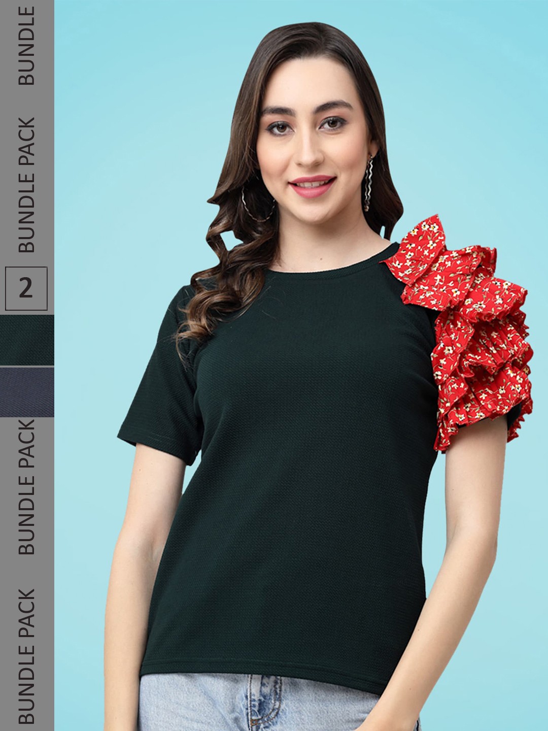 

MISS AYSE Pack Of 2 Ruffled Detail Tops, Green