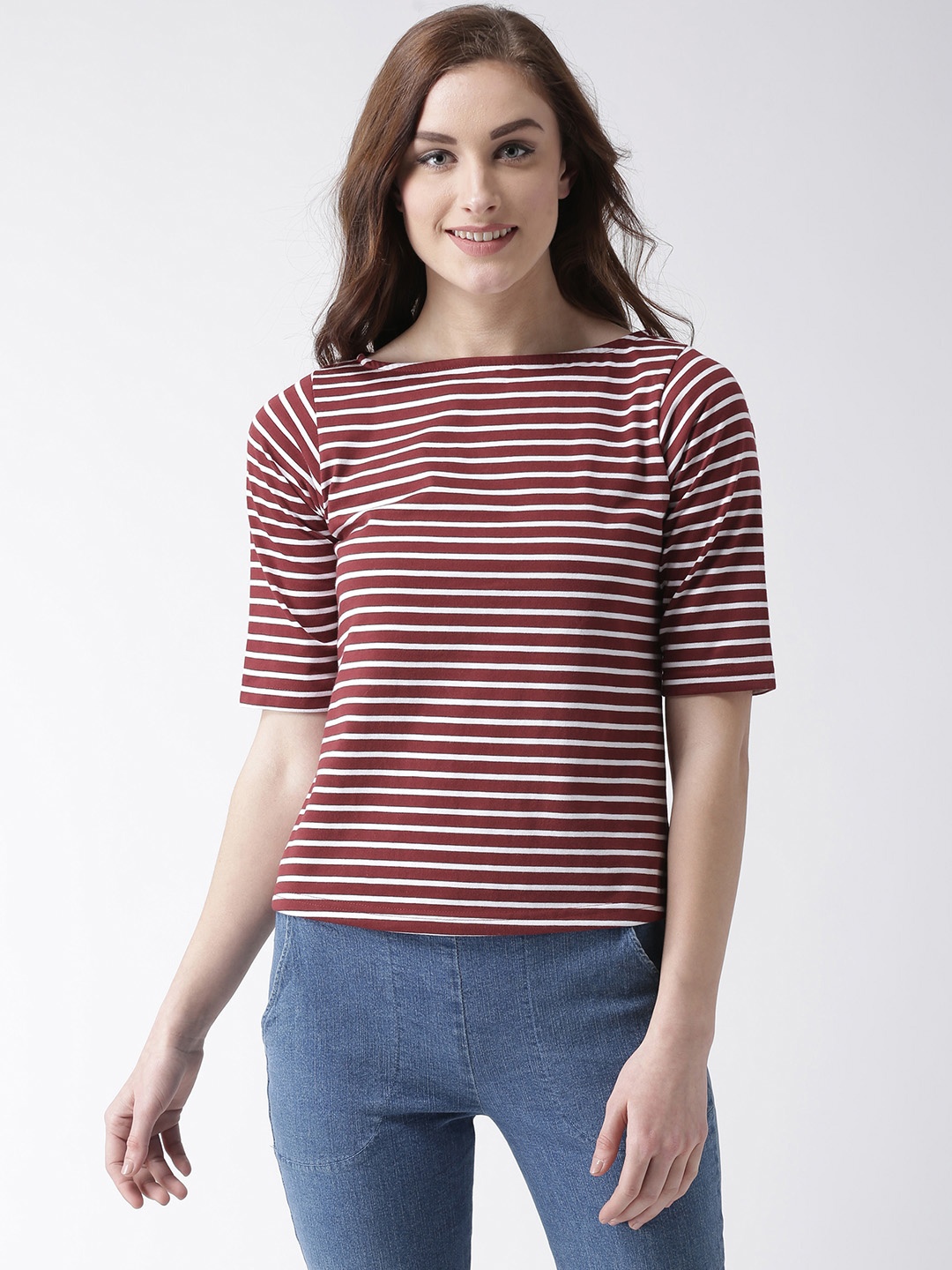 

Miss Chase Women Maroon Striped Pure Cotton Top