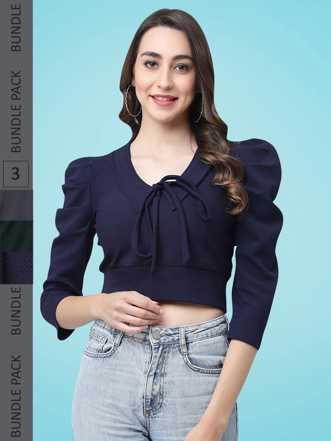 

MISS AYSE Pack Of 3 Tie-Up Neck Puff Sleeve Crop Top, Navy blue