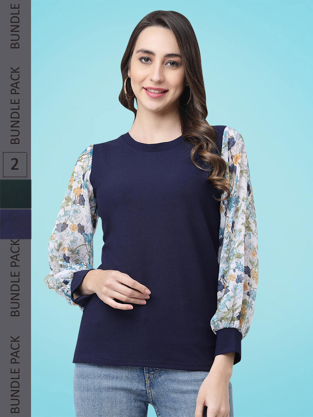 

MISS AYSE Pack Of 2 Floral Printed Cuffed Sleeve Top, Navy blue