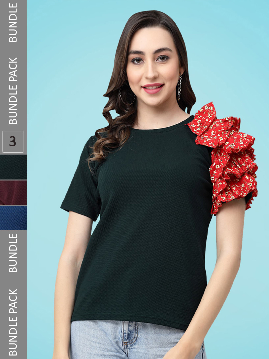 

MISS AYSE Pack Of 3 Round Neck Ruffles Tops, Olive