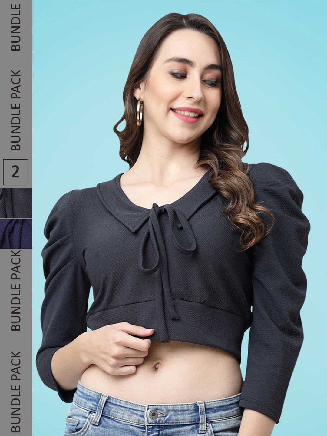 

MISS AYSE Pack Of 2 Tie-Up Neck Puff Sleeves Regular Crop Top, Black