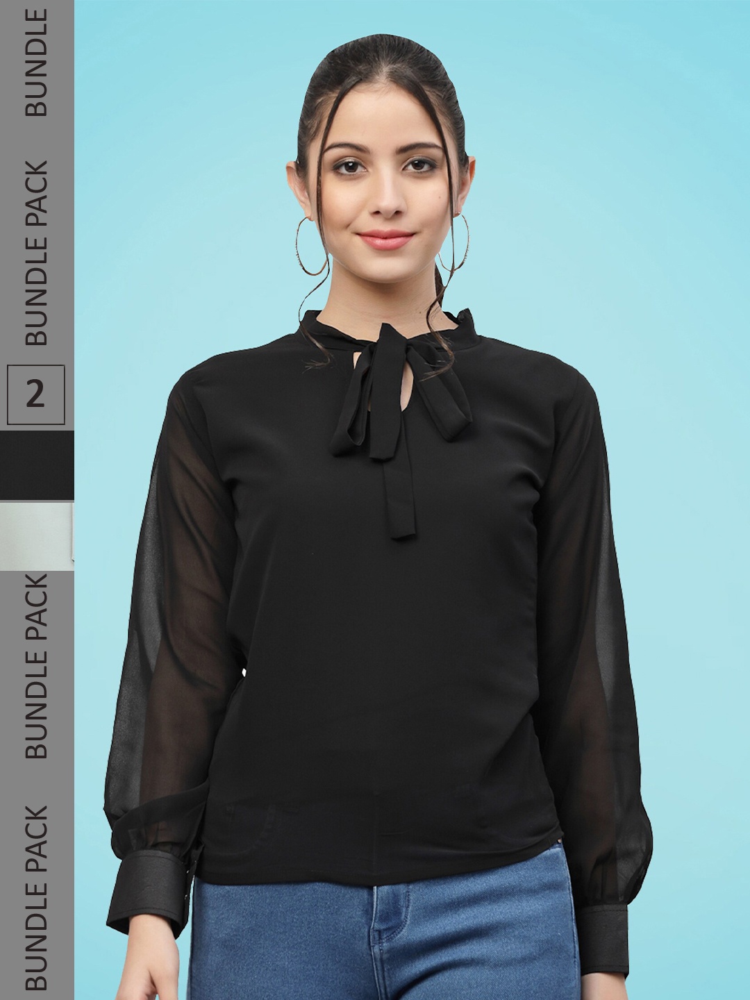 

MISS AYSE Pack Of 2 Tie-Up Neck Georgette Top, Black