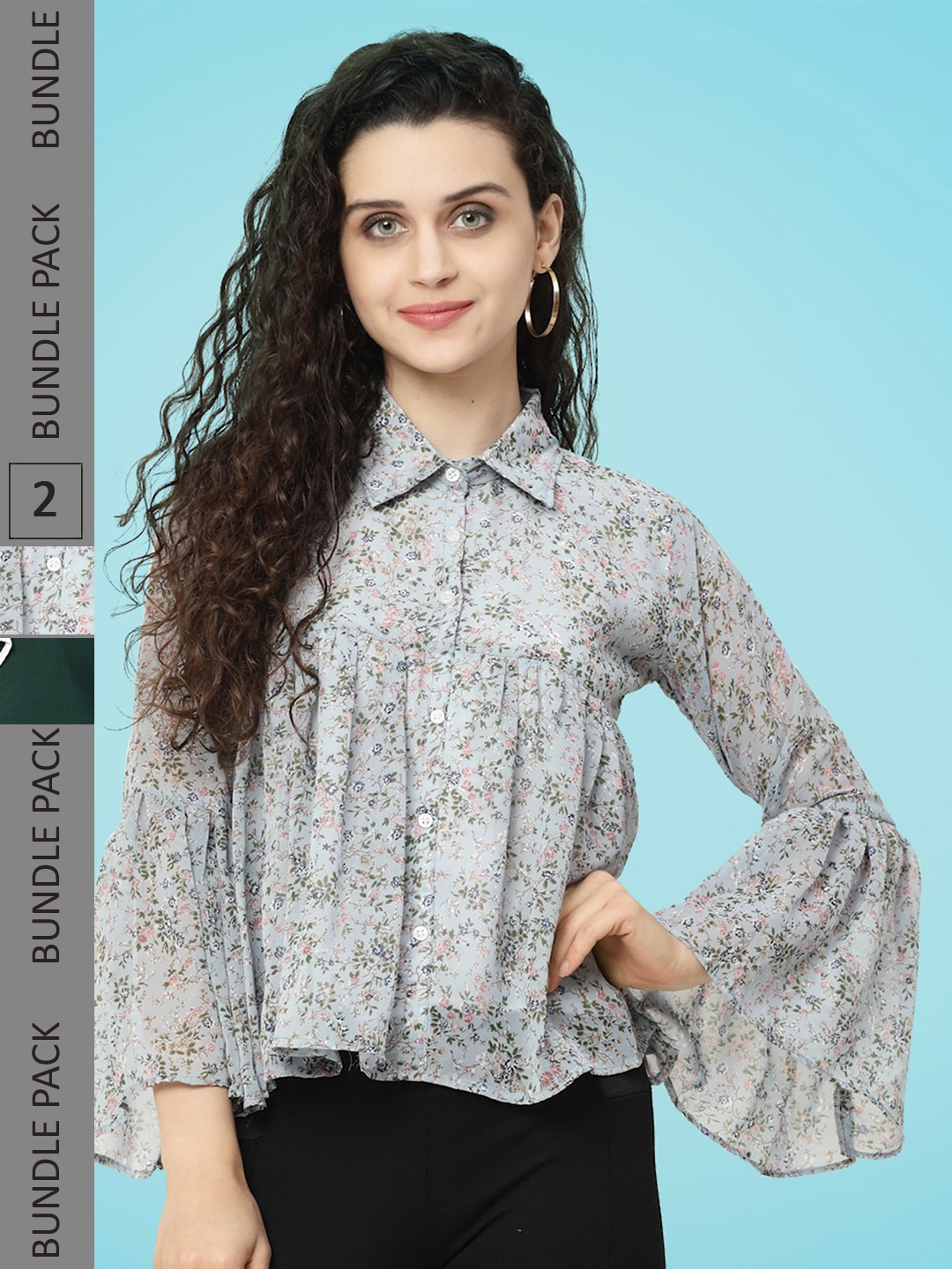 

MISS AYSE Pack Of 2 Floral Printed Bell Sleeve Georgette Shirt Style Top, Grey