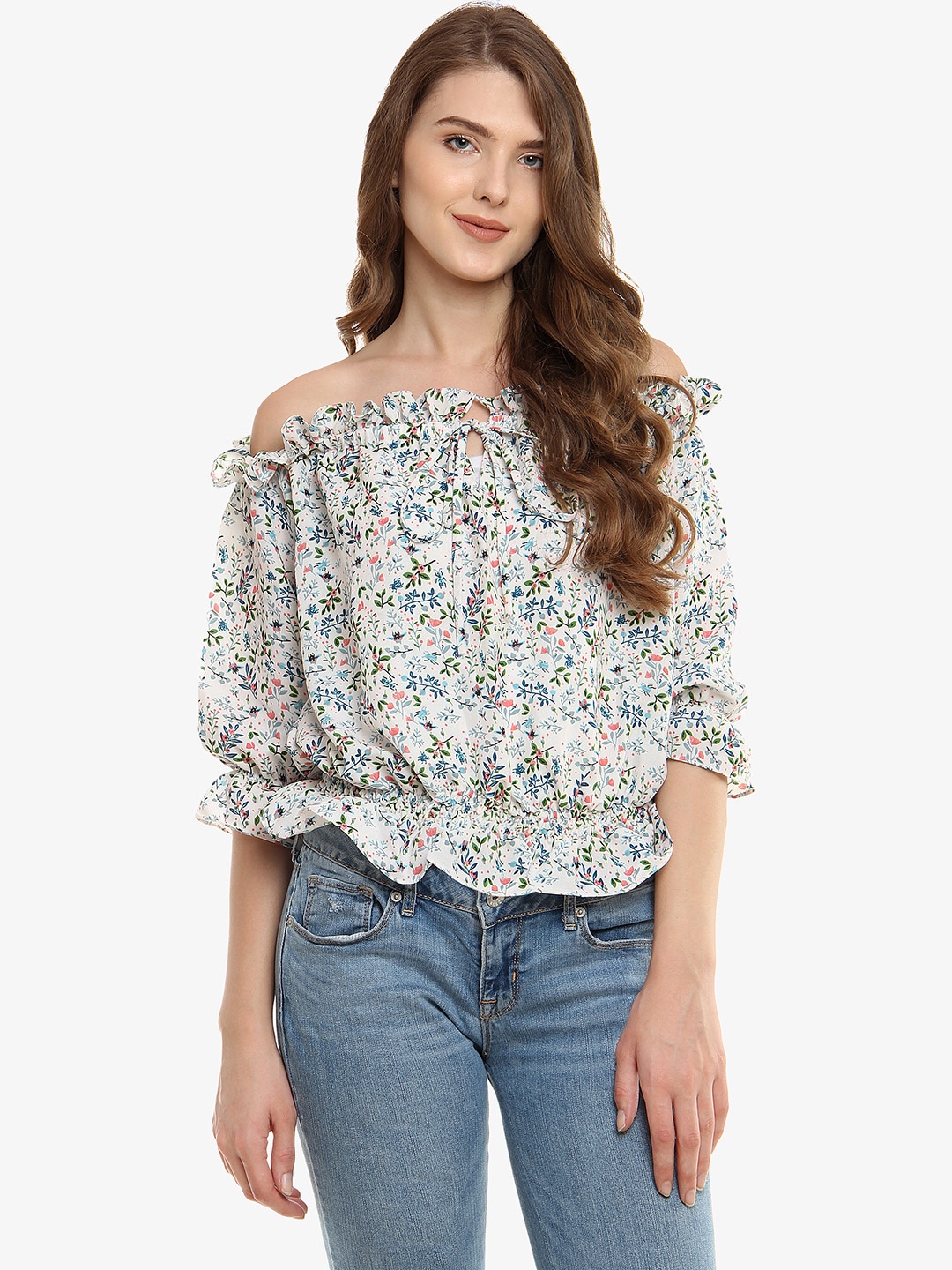 

Miss Chase Women White Printed Bardot Top