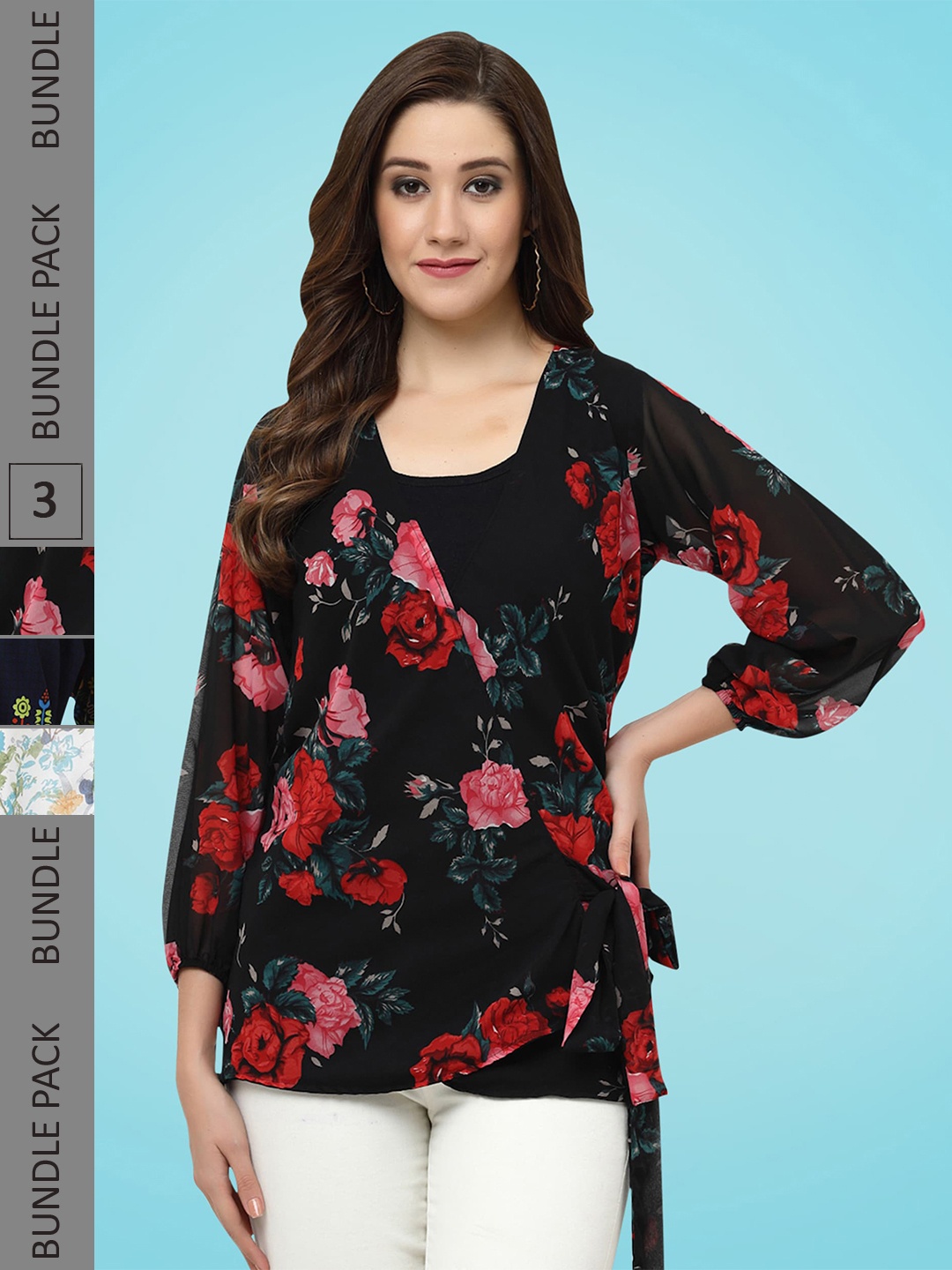 

MISS AYSE Pack Of 3 Printed Georgette Tops, Multi
