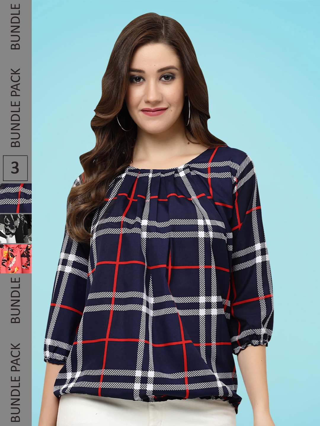 

MISS AYSE Pack Of 3 Checked Crepe Top, Navy blue