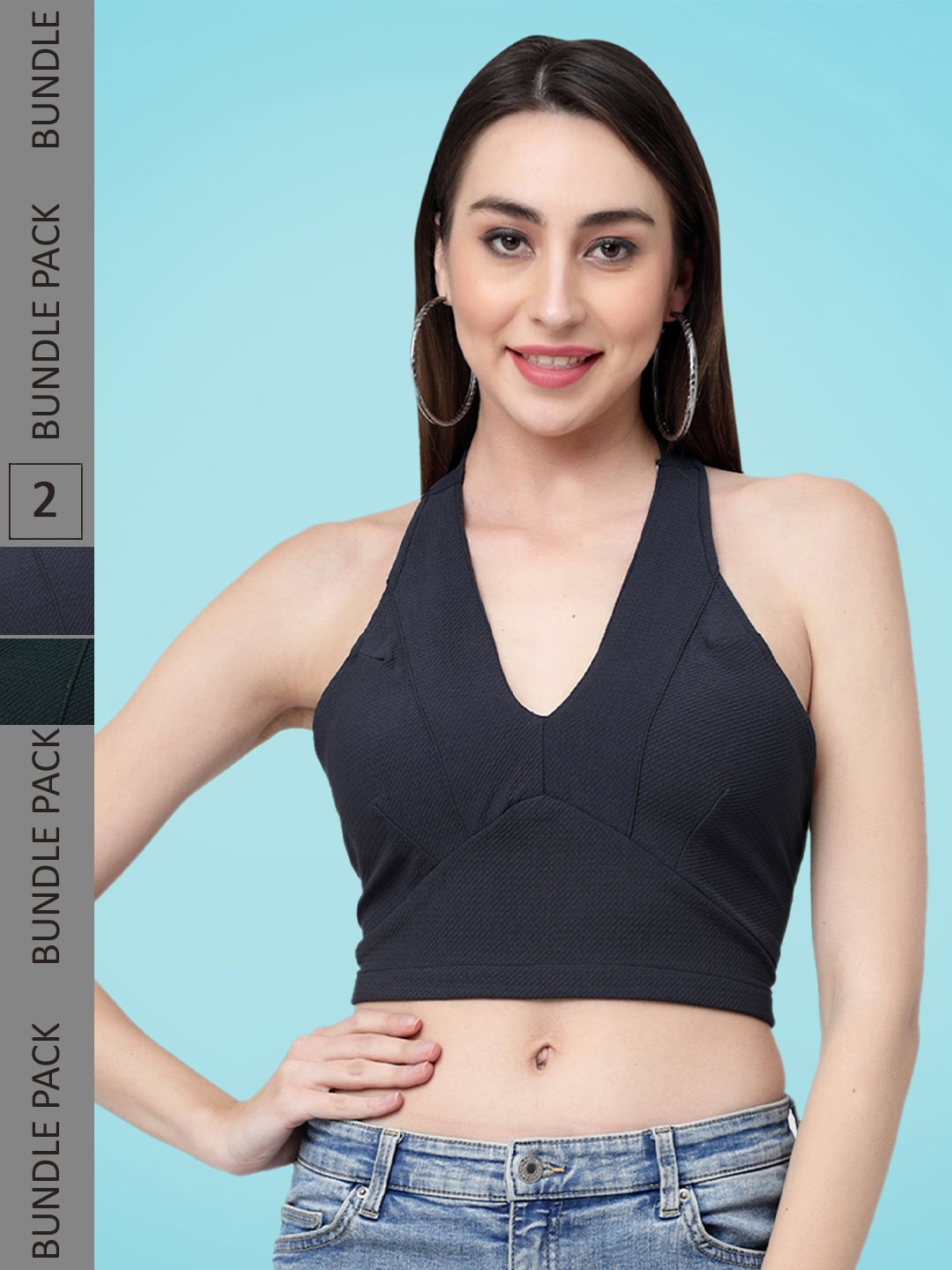 

MISS AYSE Pack Of 2 Halter Neck Tie-Ups Styled Back Top, Black