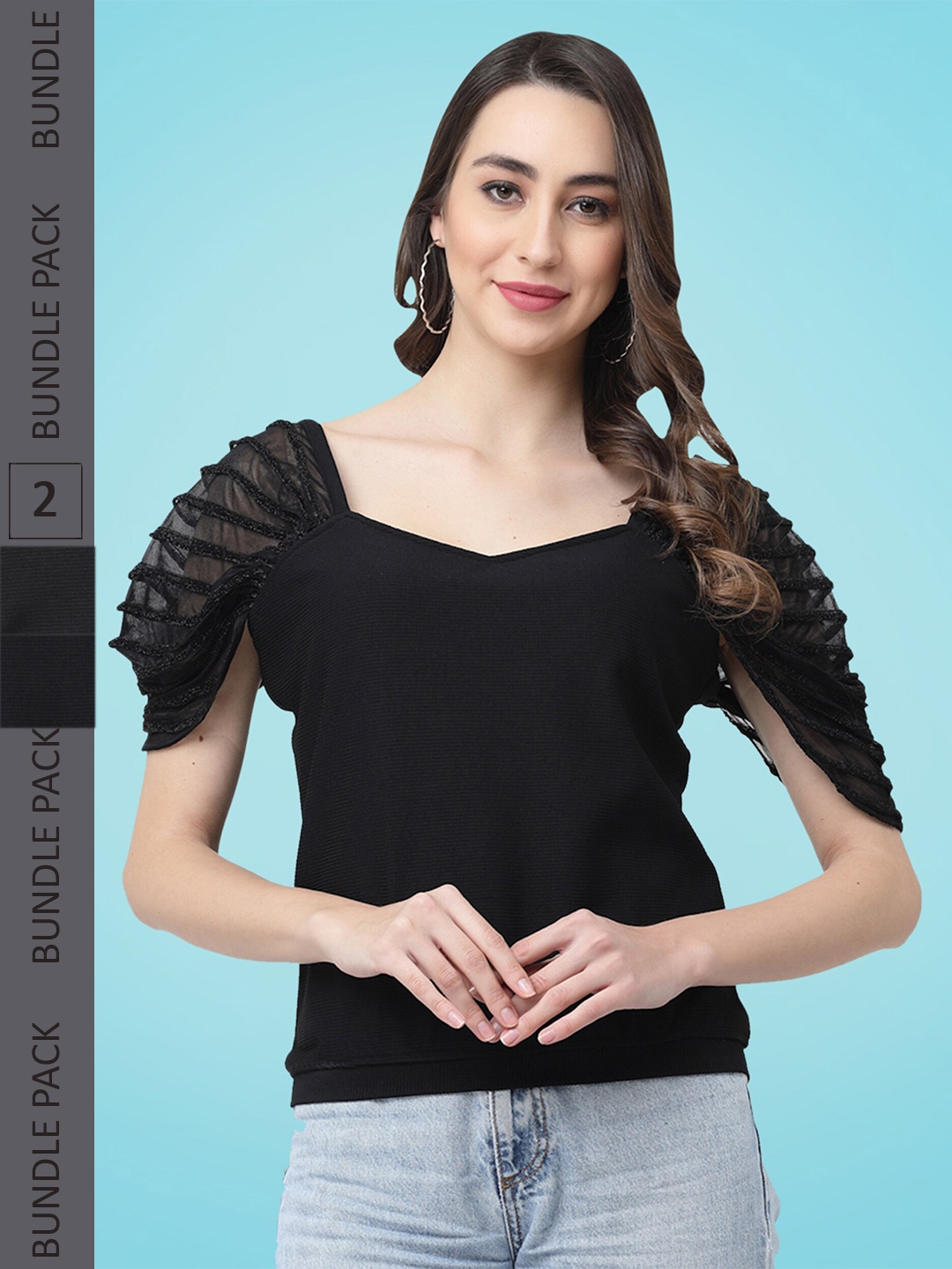

MISS AYSE Pack Of 2 Shirt Collar Crop Tops, Black