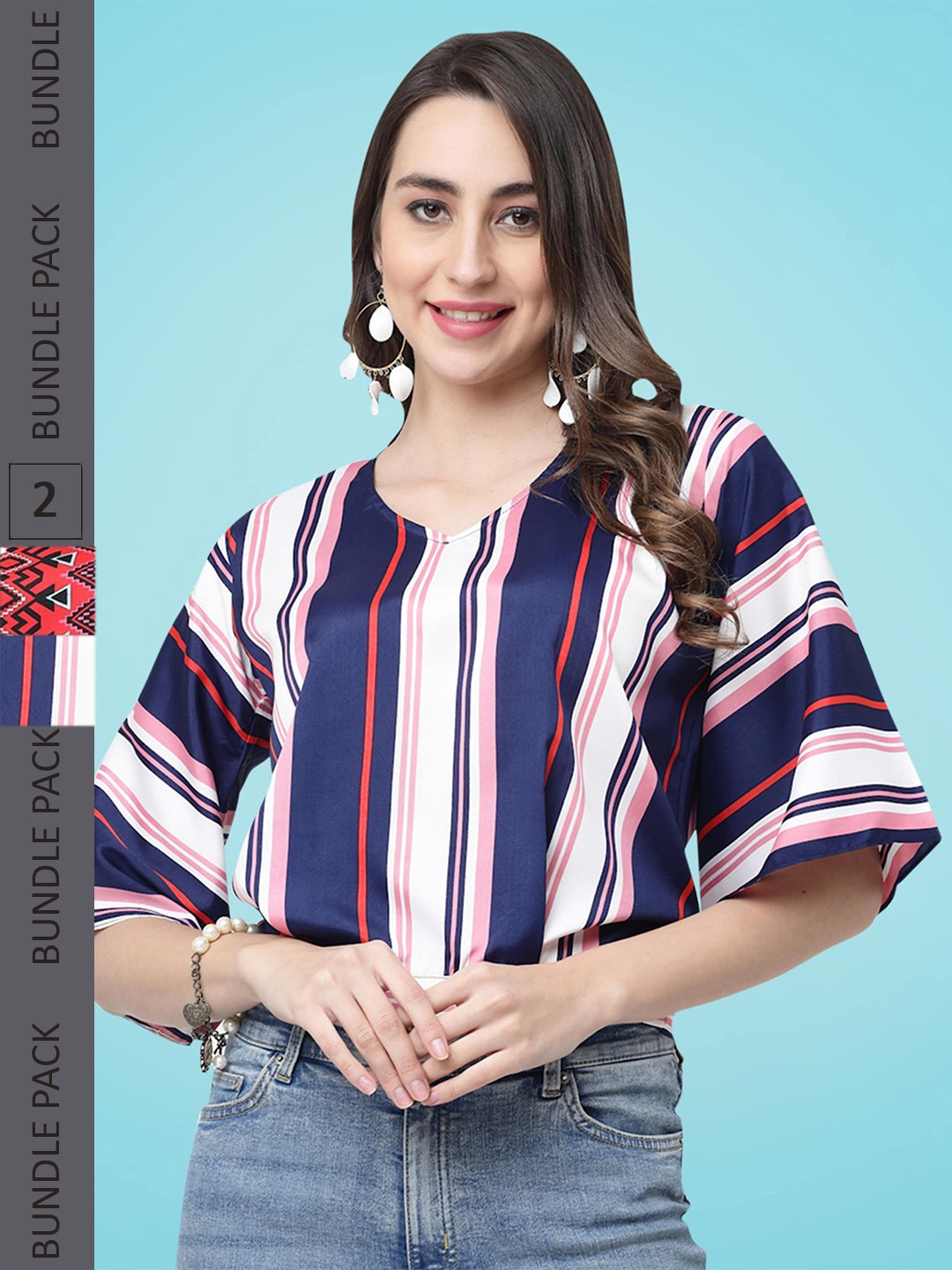 

MISS AYSE Pack Of 2 Striped Blouson Tops, Navy blue