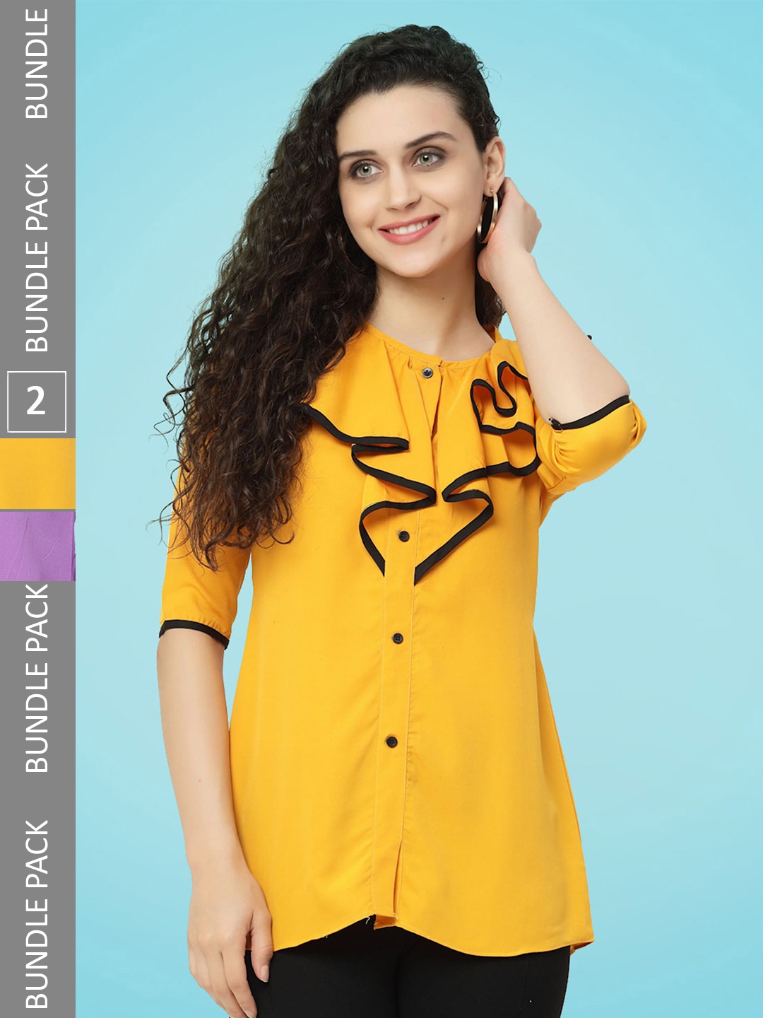 

MISS AYSE Pack Of 2 Crepe Ruffled Shirt Style Top, Yellow