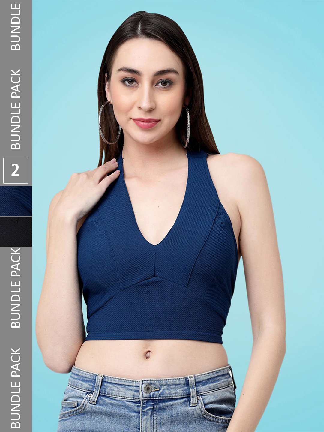 

MISS AYSE Pack Of 2 Halter Neck Tie-Ups Bralette Crop Top, Blue