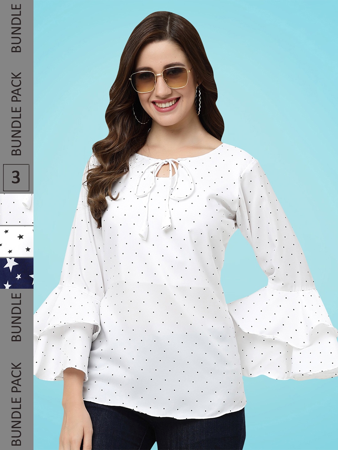 

MISS AYSE Pack Of 3 Printed Tie-Up Neck Bell Sleeve Crepe Tops, White
