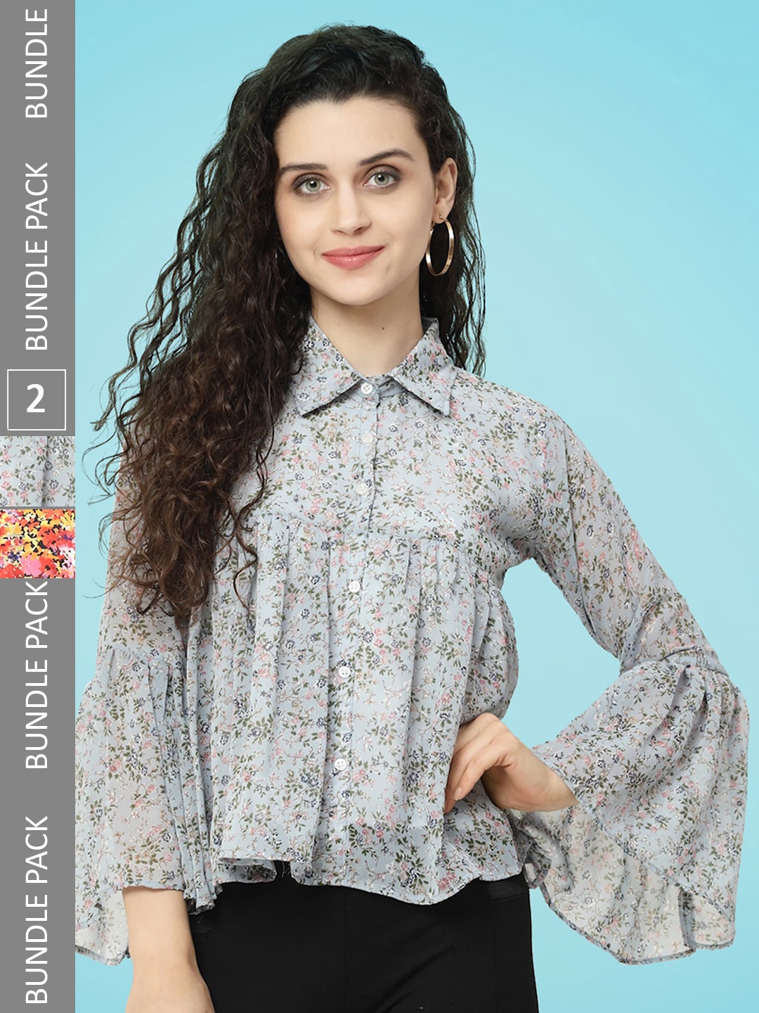 

MISS AYSE Pack Of 2 Floral Printed Bell Sleeves Gathered Detailed Shirt Style Top, Blue