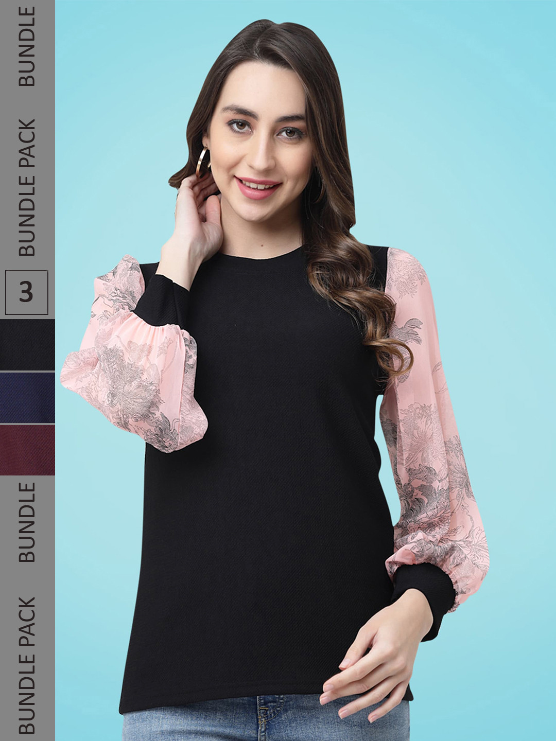 

MISS AYSE Pack Of 3 Cuffed Sleeves Regular Top, Black