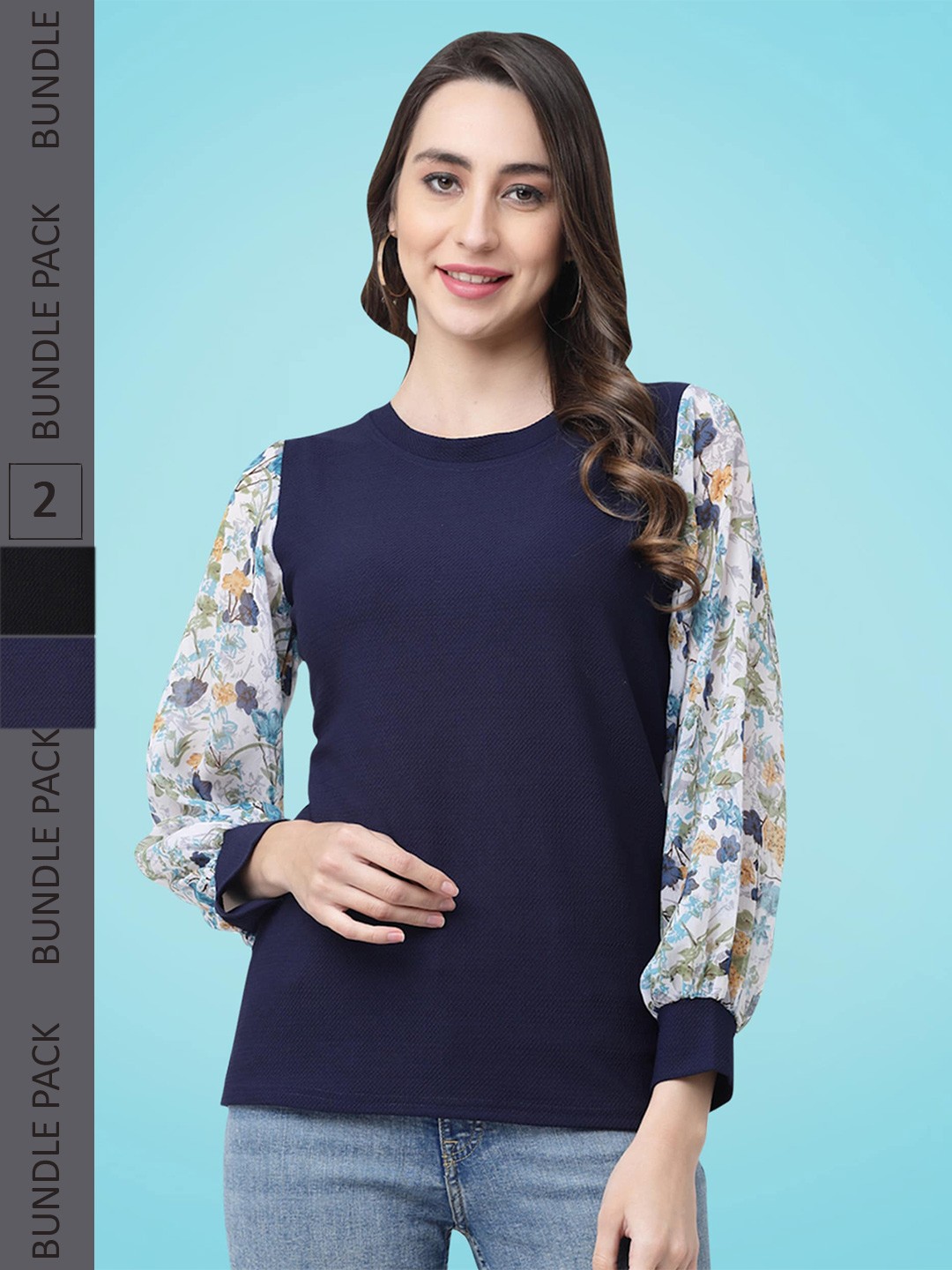 

MISS AYSE Pack Of 2 Bishop Sleeves Printed Tops, Blue