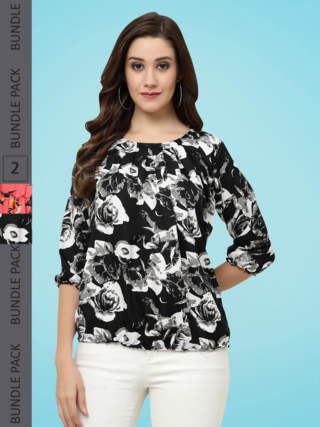 

MISS AYSE Pack Of 3 Floral Printed Crepe Top, Black