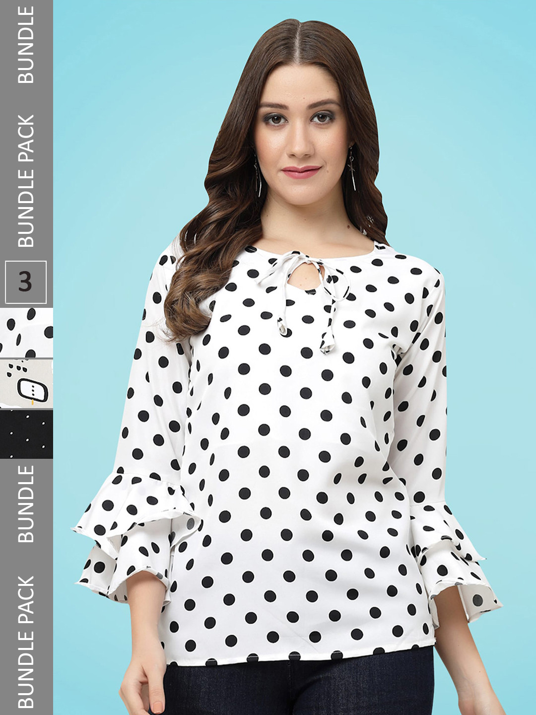 

MISS AYSE Pack Of 3 Printed Tie-Up Neck Bell Sleeve Crepe Top, White