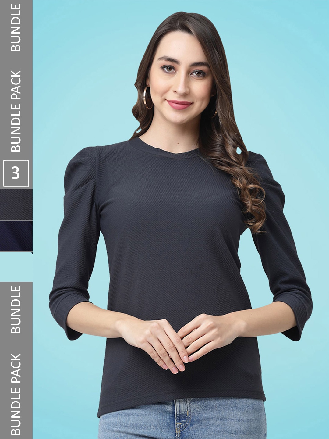 

MISS AYSE Pack Of 3 Puff Sleeves Regular Top, Grey