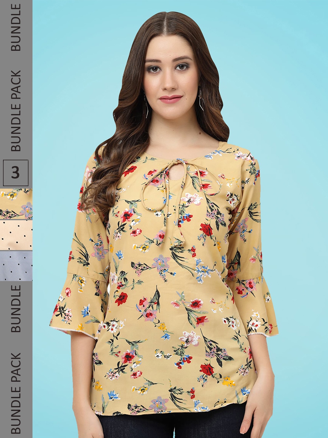 

MISS AYSE Pack Of 3 Floral Printed Tie-Up Neck Bell Sleeve Crepe Top, Yellow