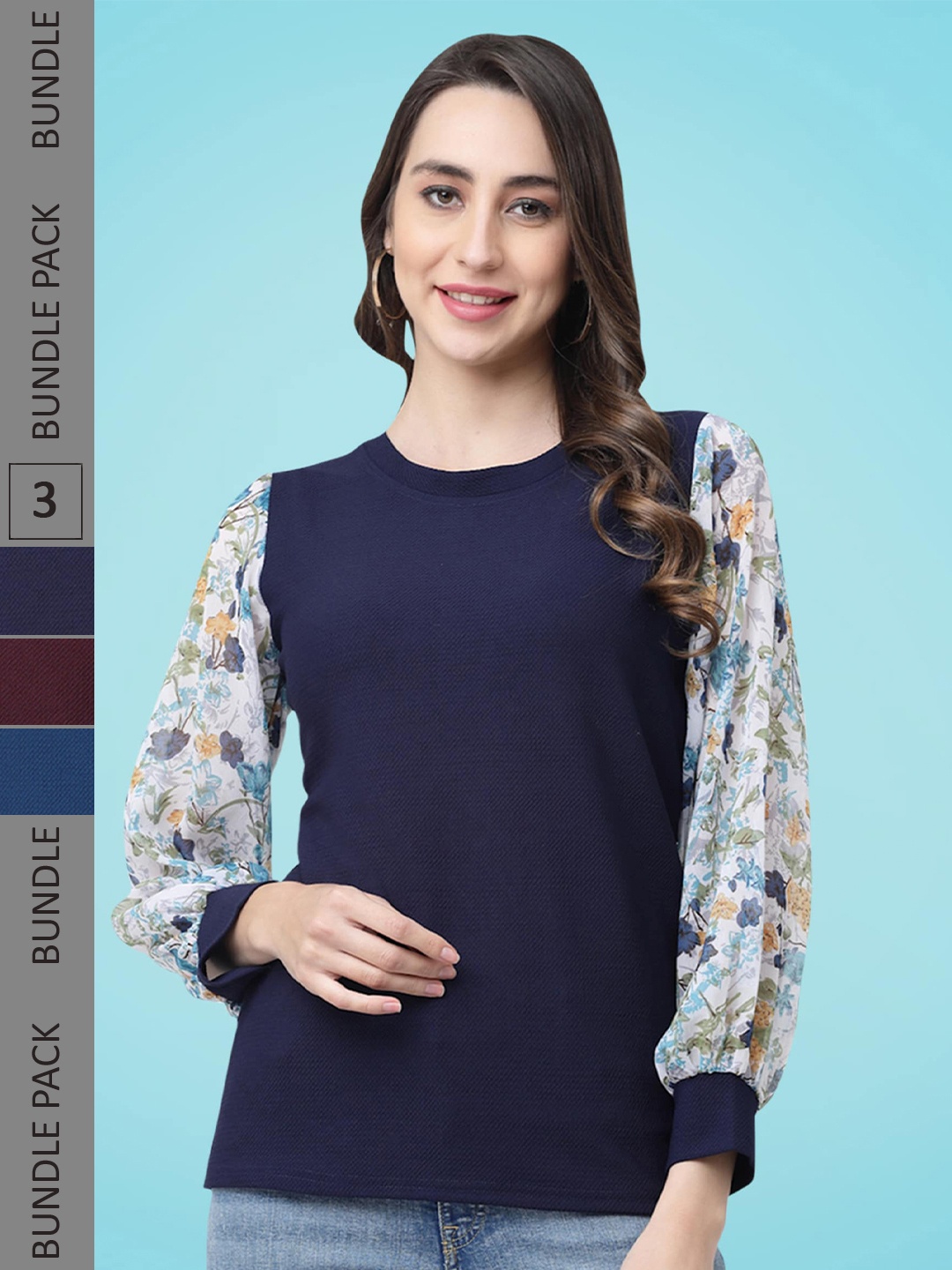

MISS AYSE Pack Of 3 Floral Printed Puff Sleeves Tops, Blue
