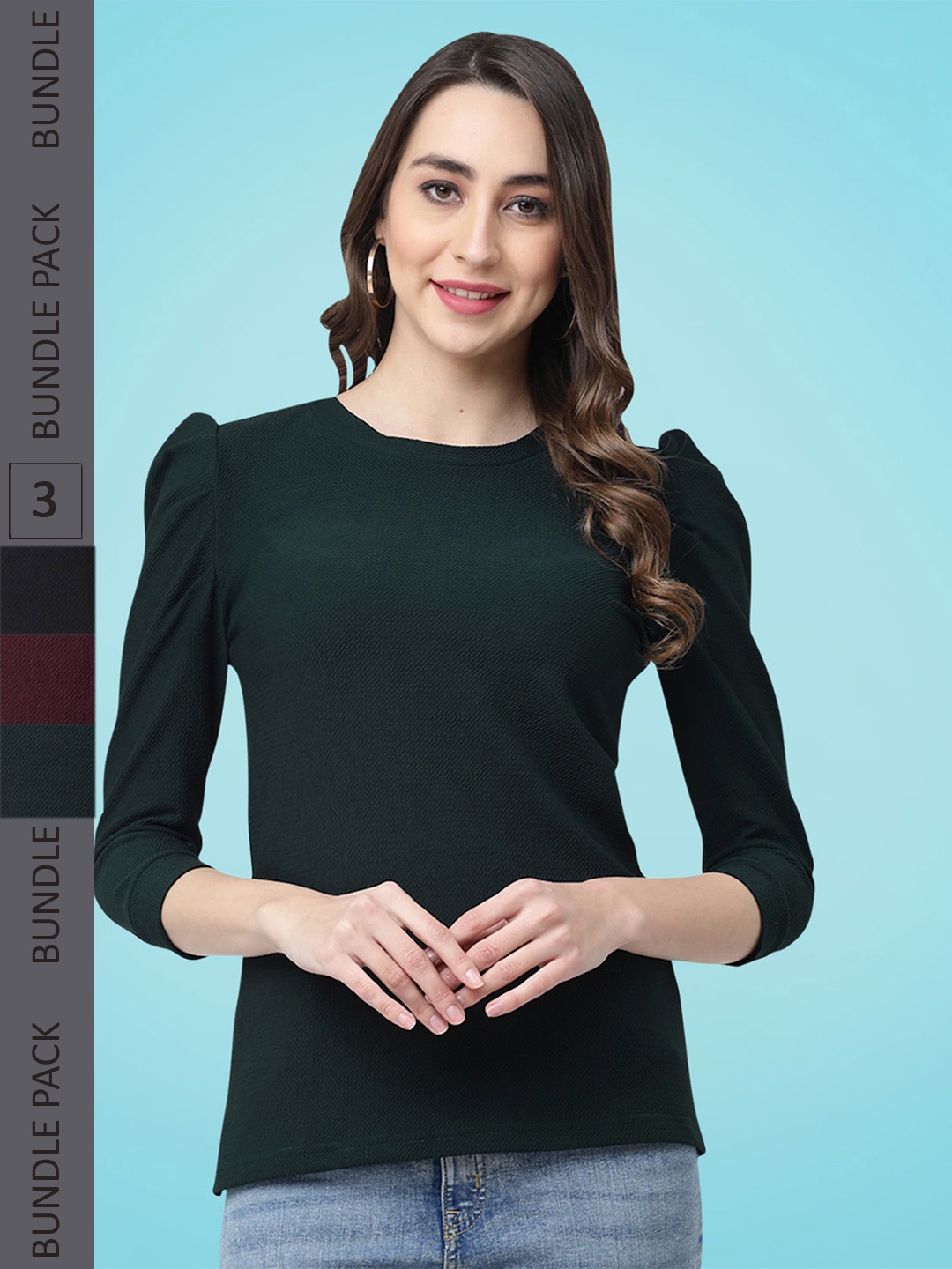 

MISS AYSE Pack Of 3 Puff Sleeve Top, Green
