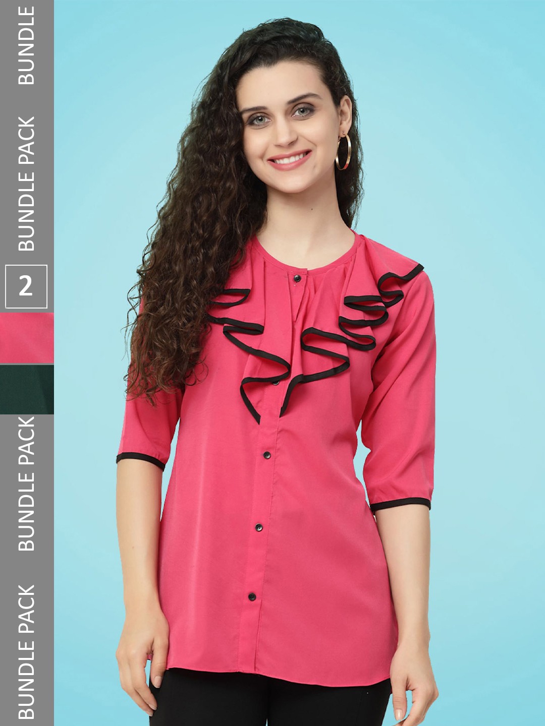 

MISS AYSE Pack Of 2 Round Neck Ruffles Shirt Style Top, Pink