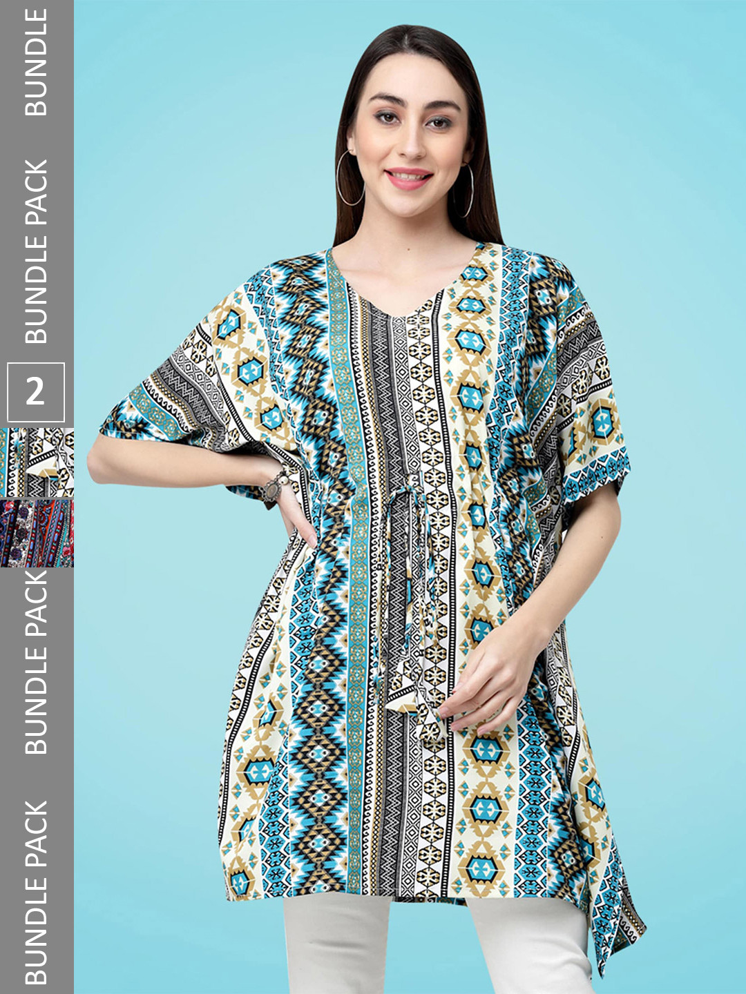 

MISS AYSE Pack Of 2 Printed Kimono Sleeves Crepe Kaftan Top, Green